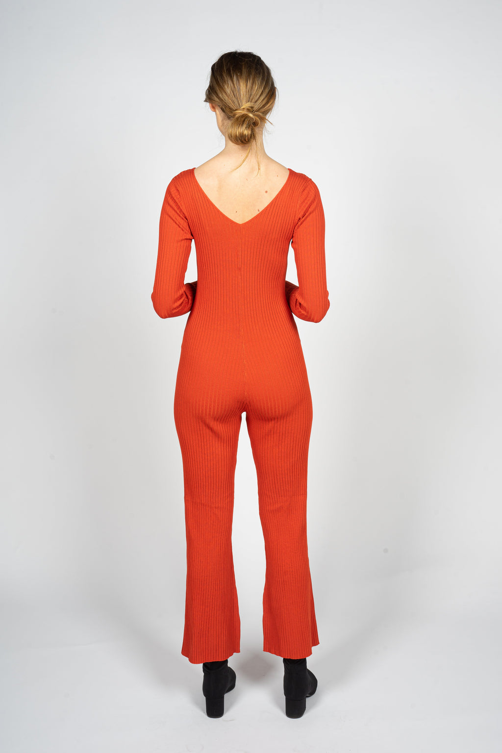 Orange Knitted Jumpsuit with Front Button Opening