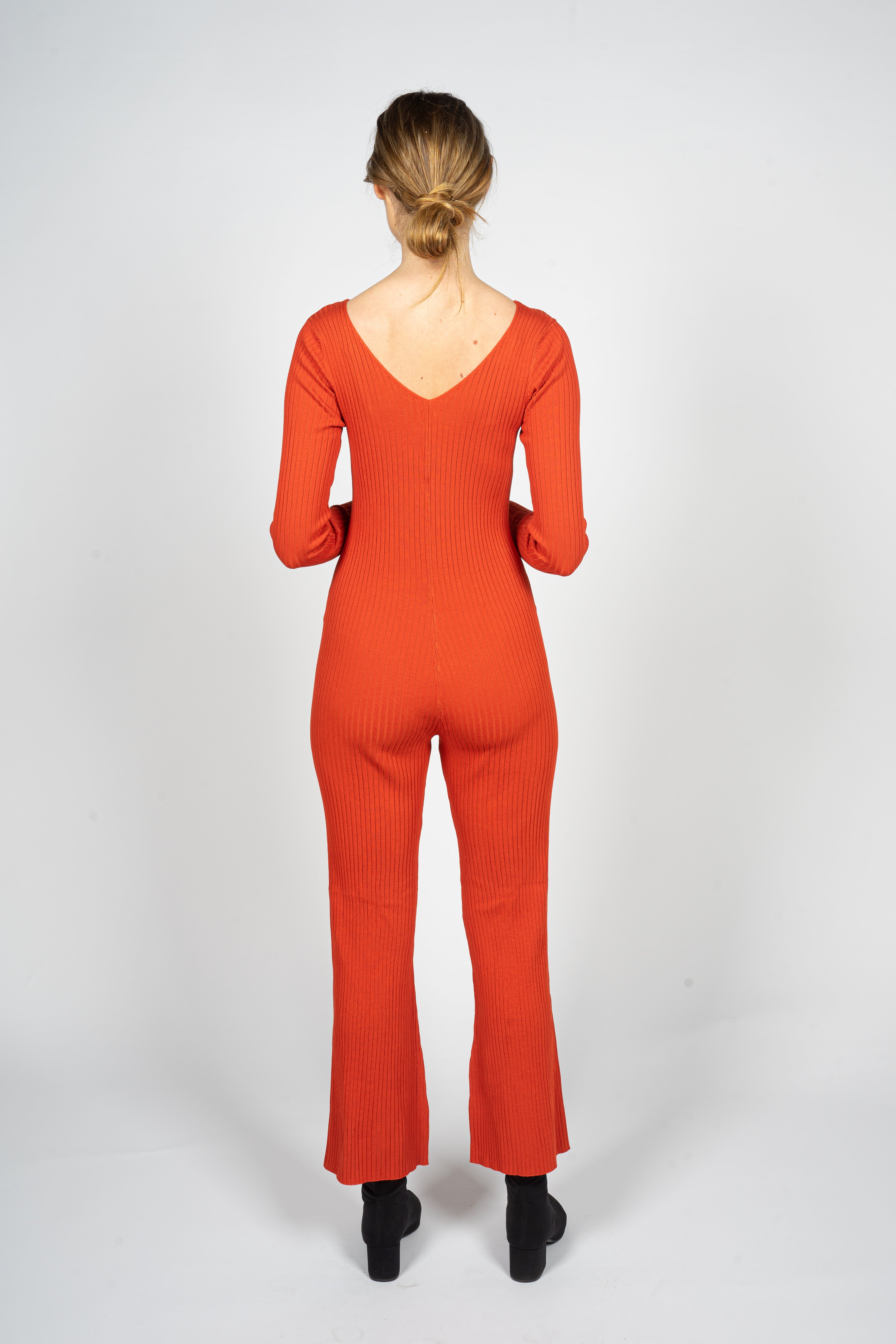 Orange Knitted Jumpsuit with Front Button Opening