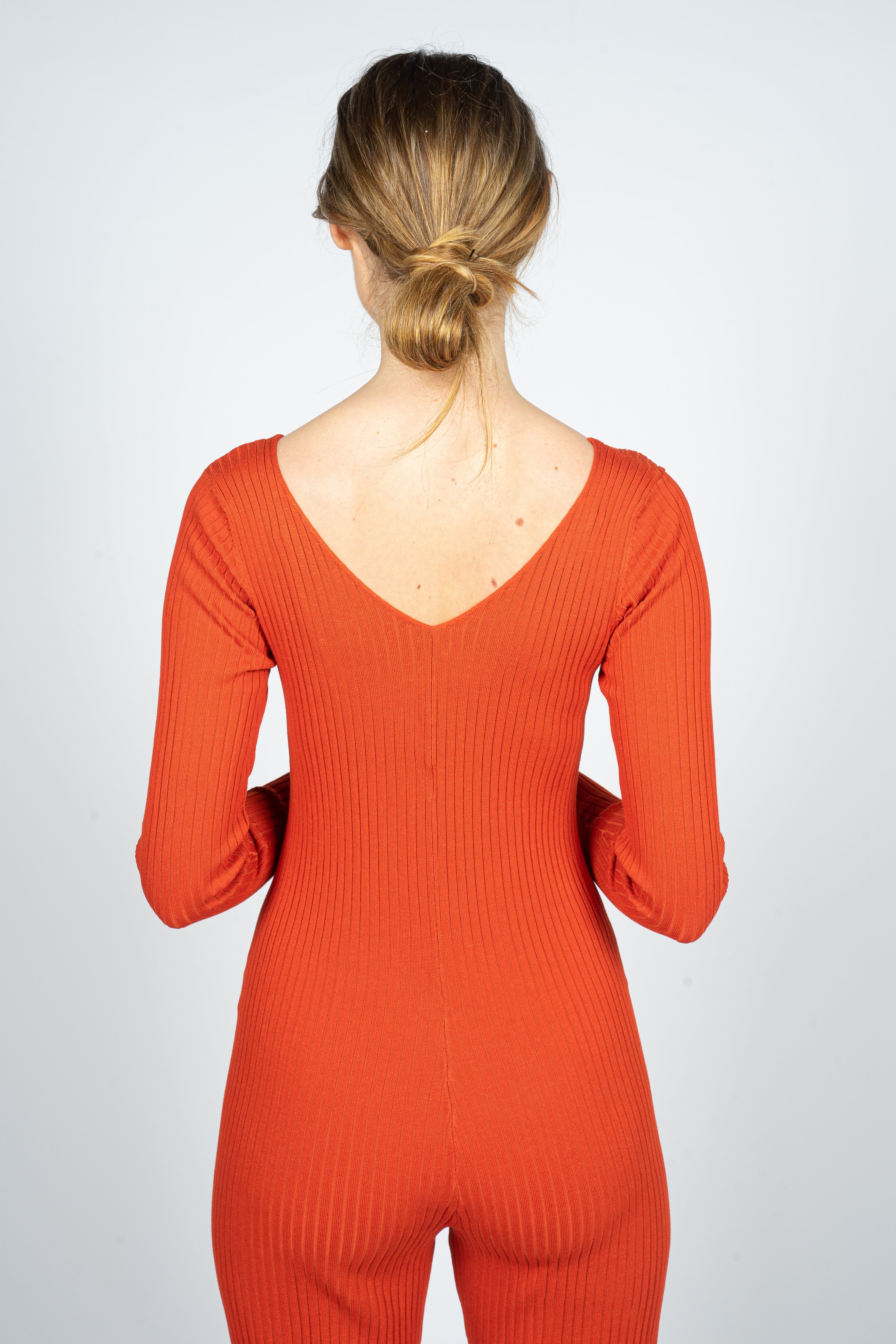 Orange Knitted Jumpsuit with Front Button Opening