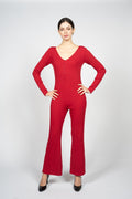 Red Knitted Jumpsuit with Front Button Opening
