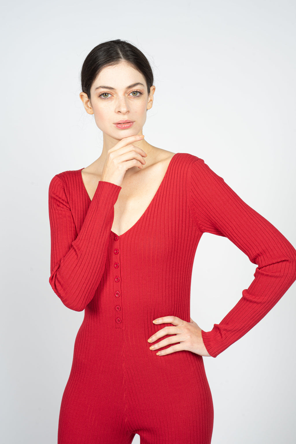 Red Knitted Jumpsuit with Front Button Opening