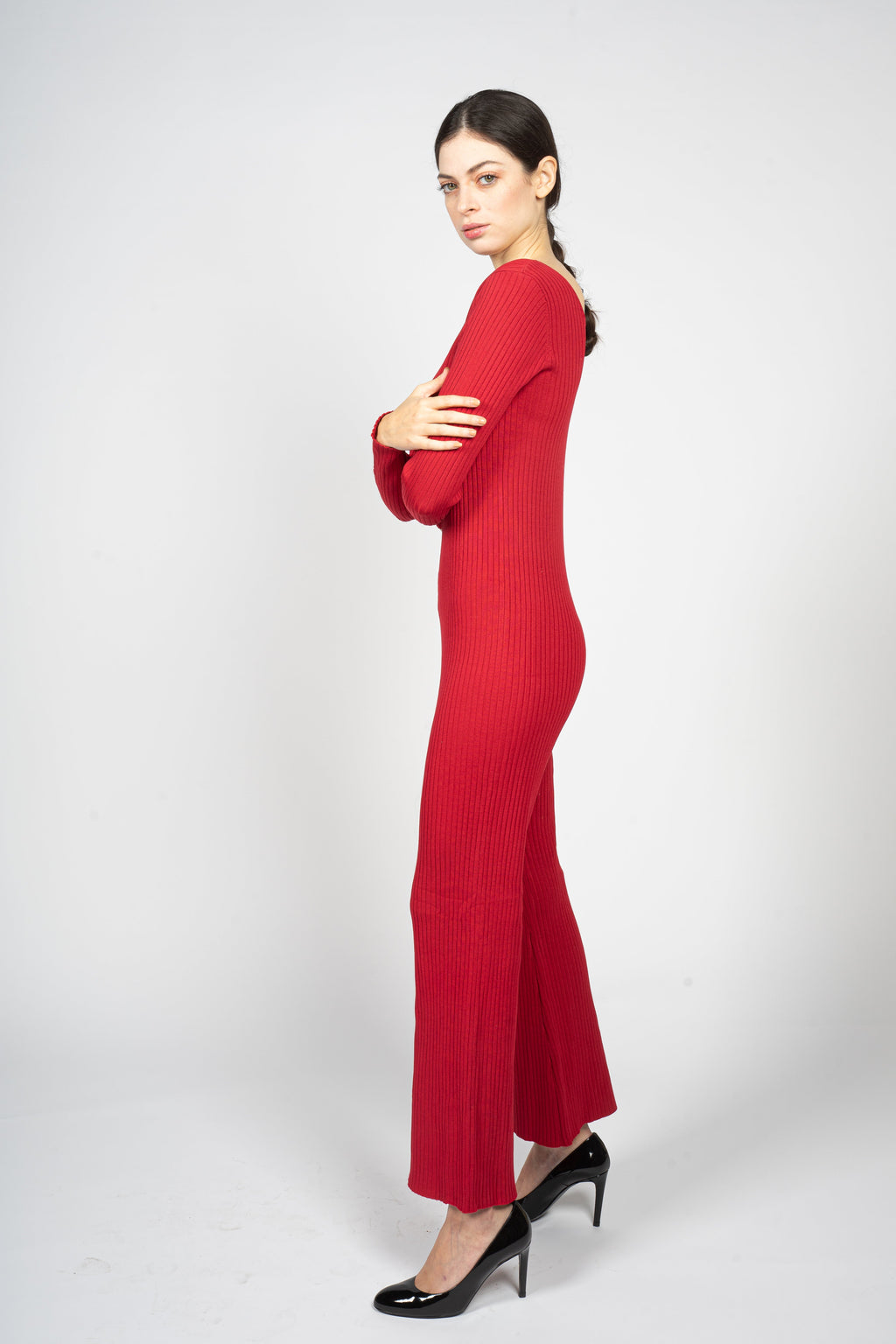 Red Knitted Jumpsuit with Front Button Opening