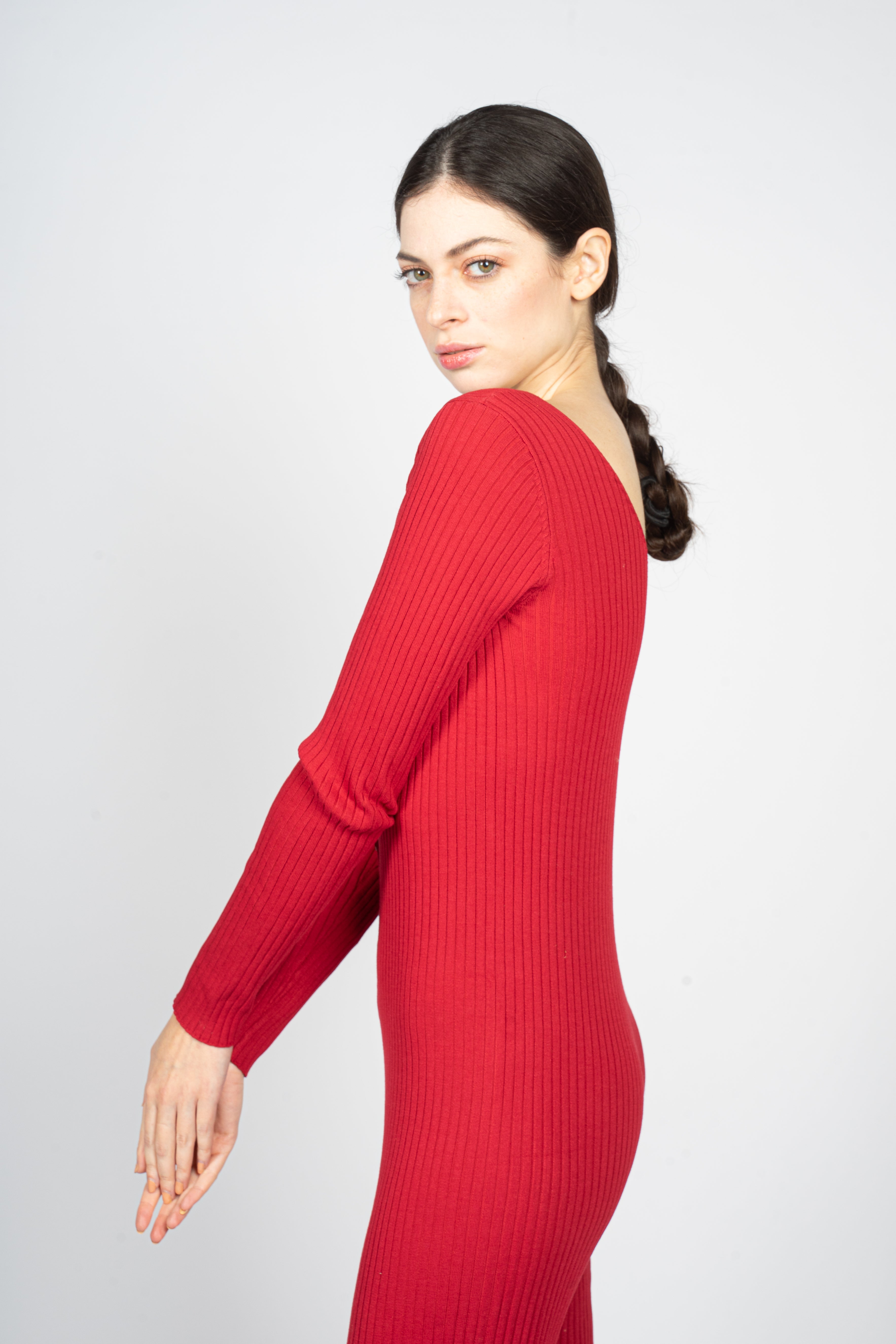Red Knitted Jumpsuit with Front Button Opening
