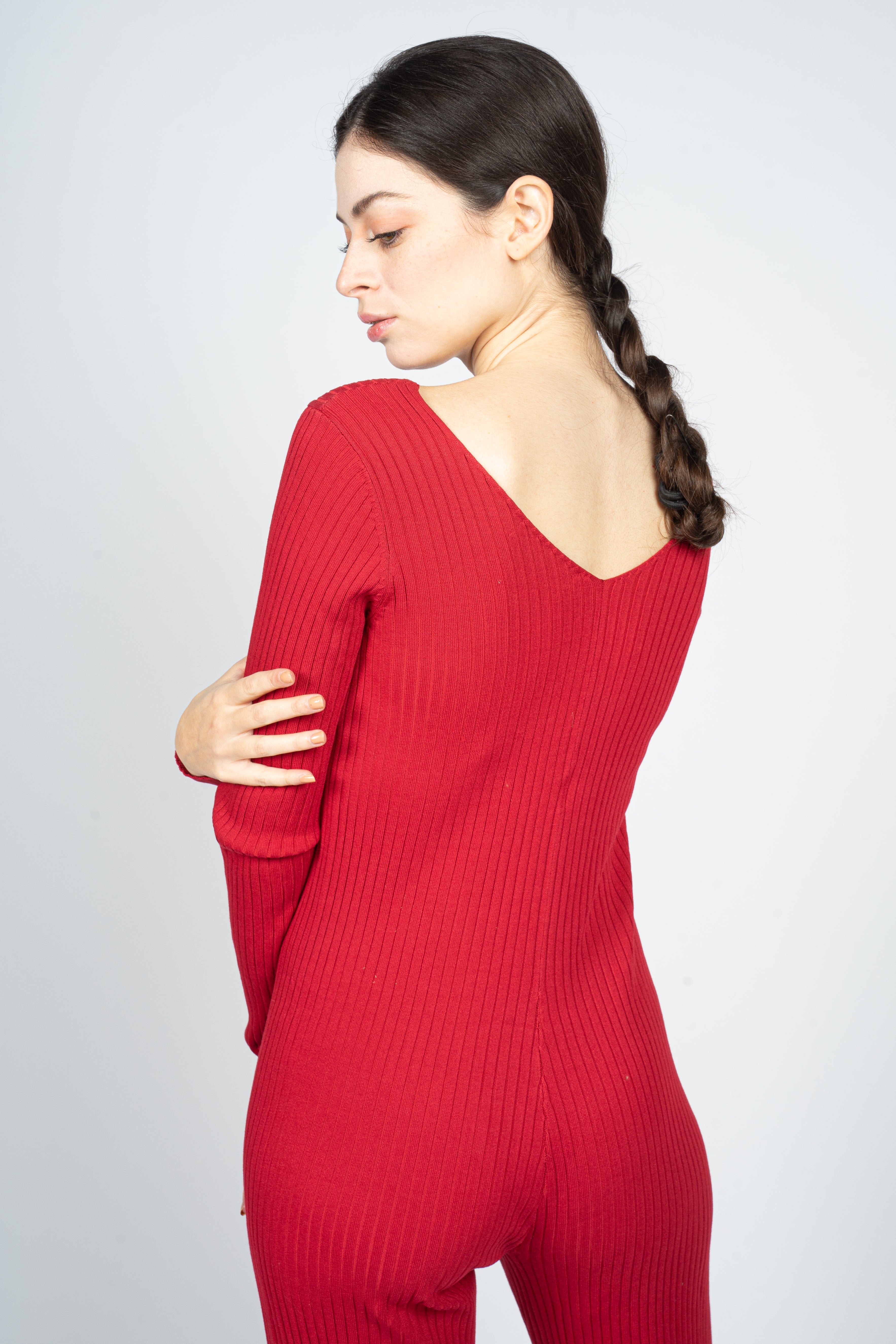 Red Knitted Jumpsuit with Front Button Opening
