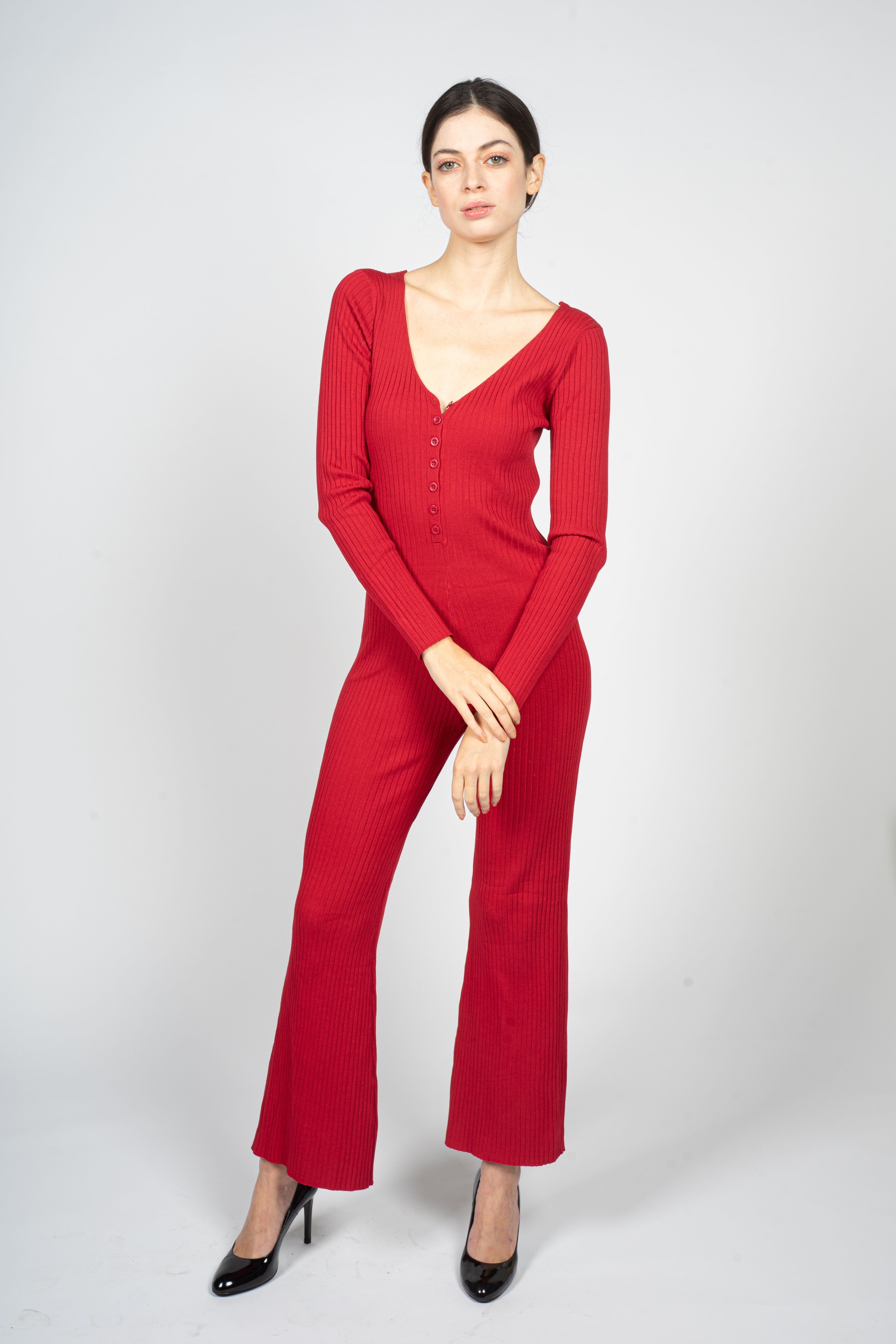 Red Knitted Jumpsuit with Front Button Opening