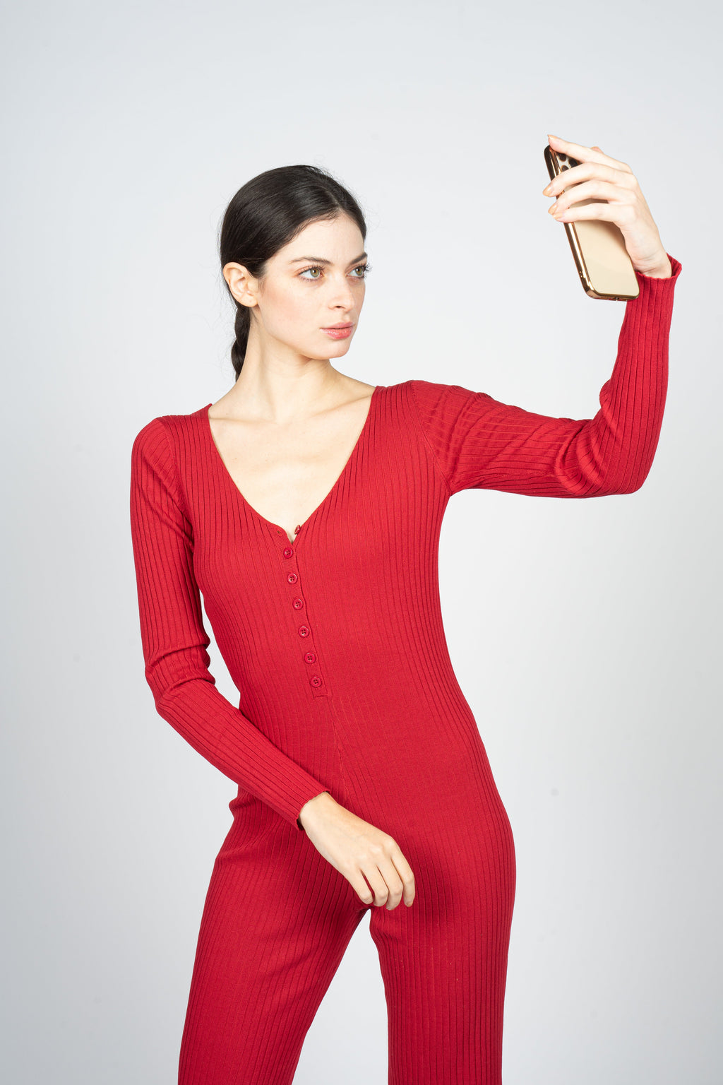 Red Knitted Jumpsuit with Front Button Opening