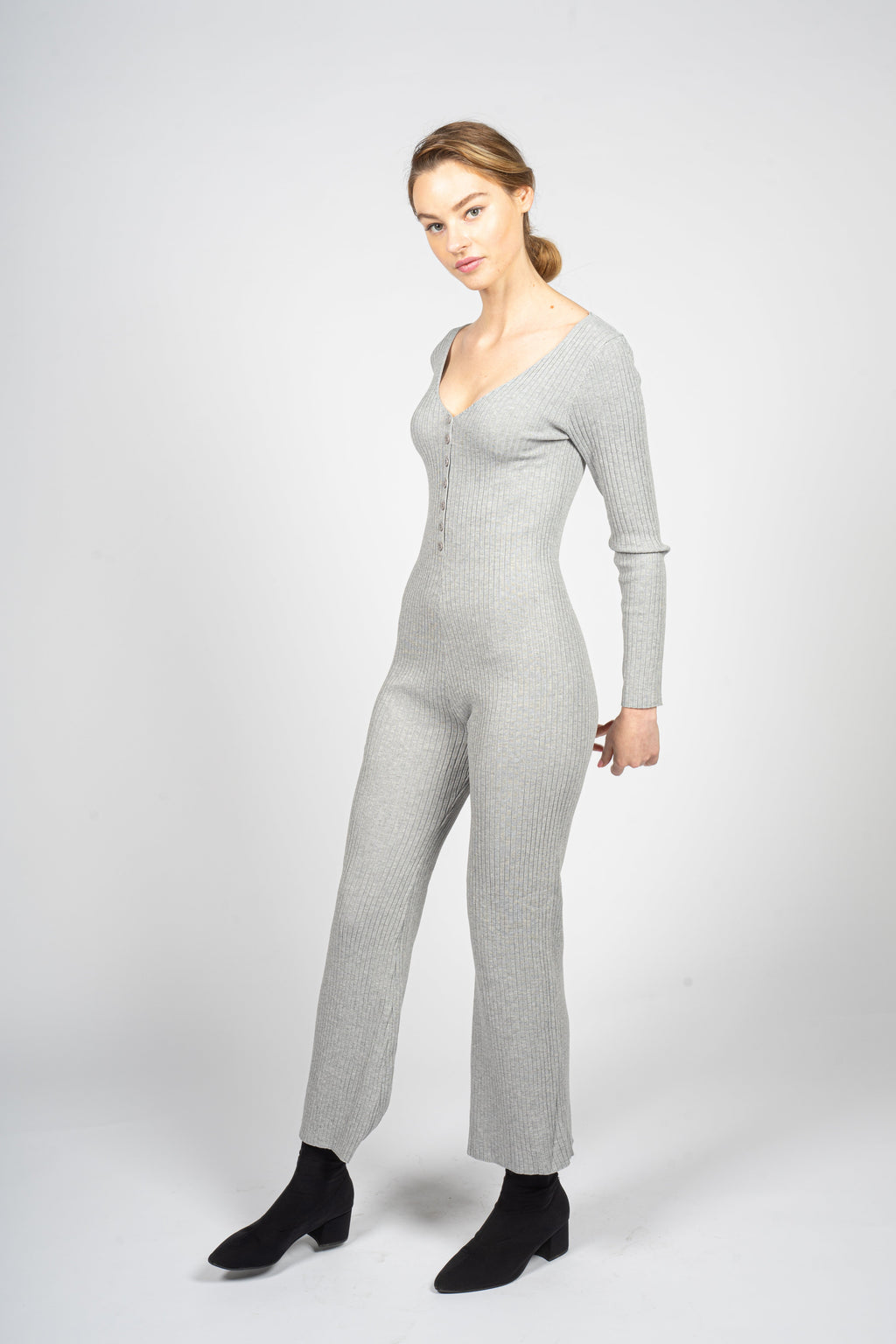 Grey Knitted Jumpsuit with Front Button Opening