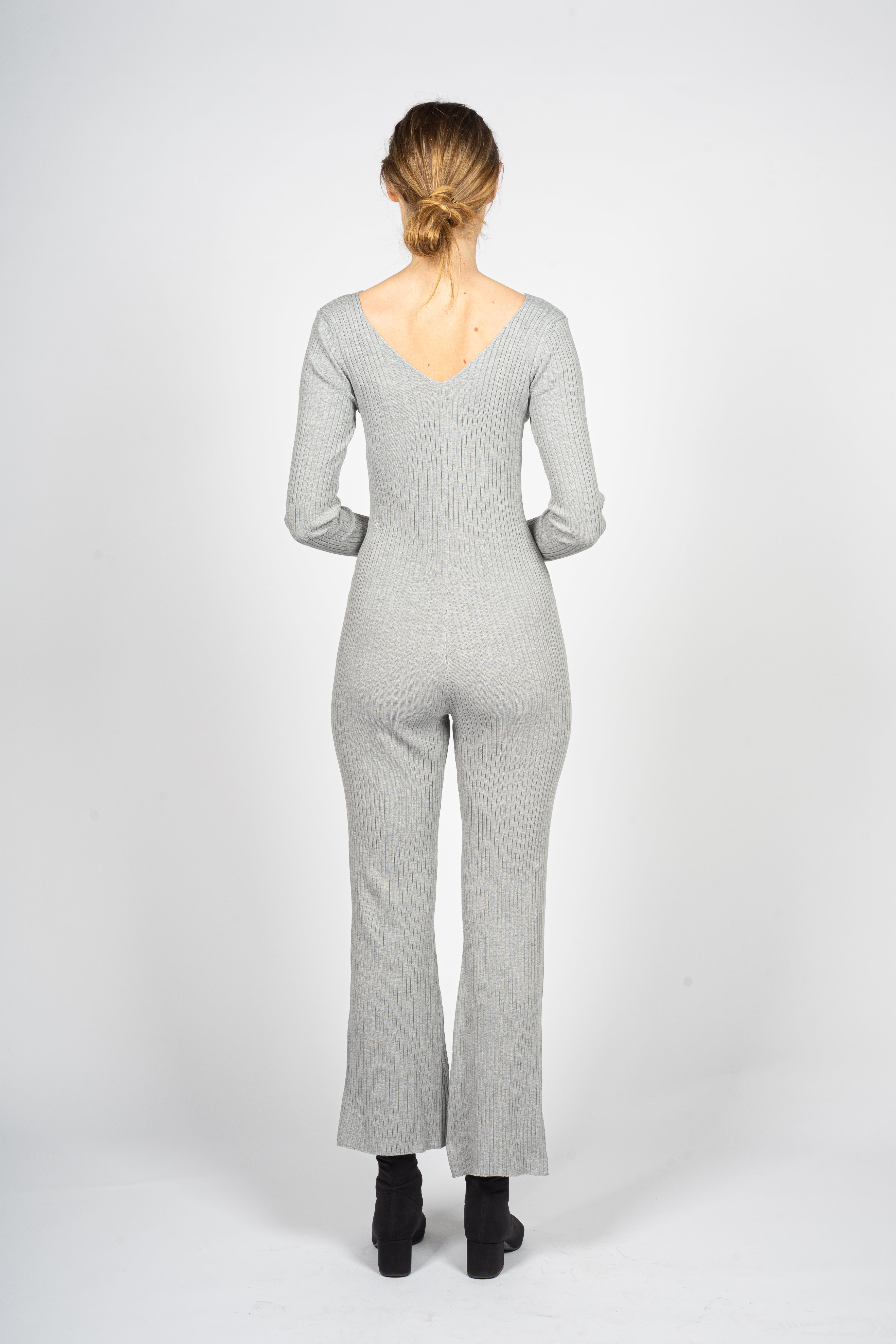 Grey Knitted Jumpsuit with Front Button Opening