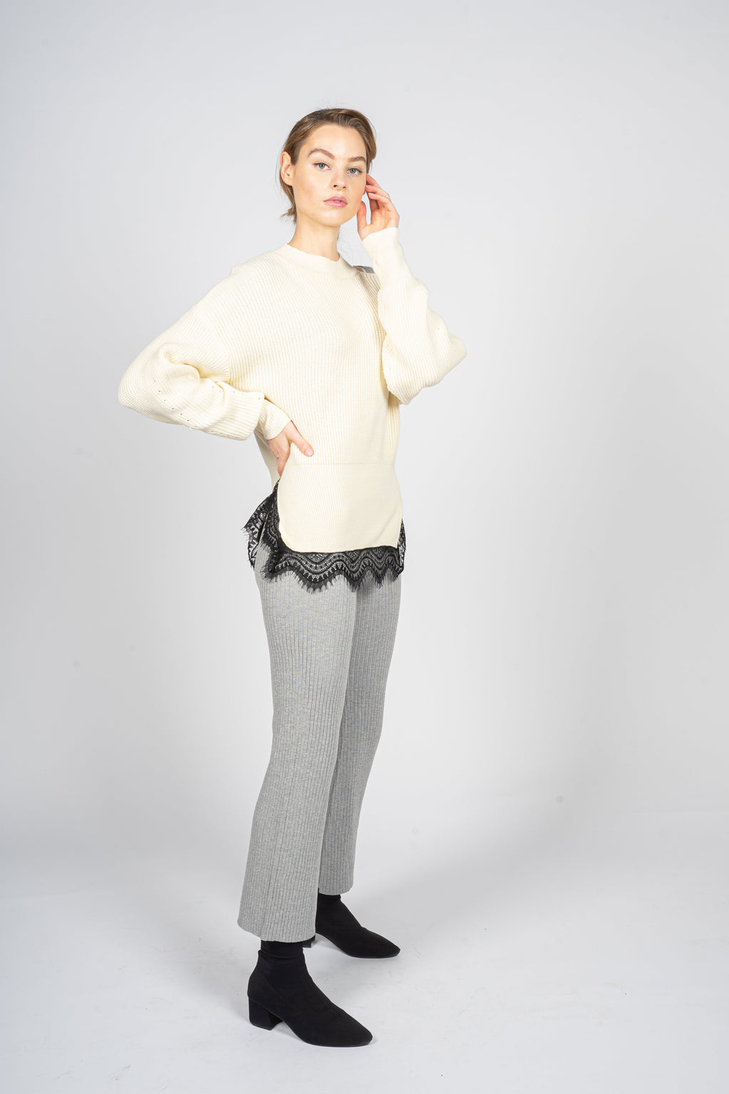 Knitted Sweater with Lace hem