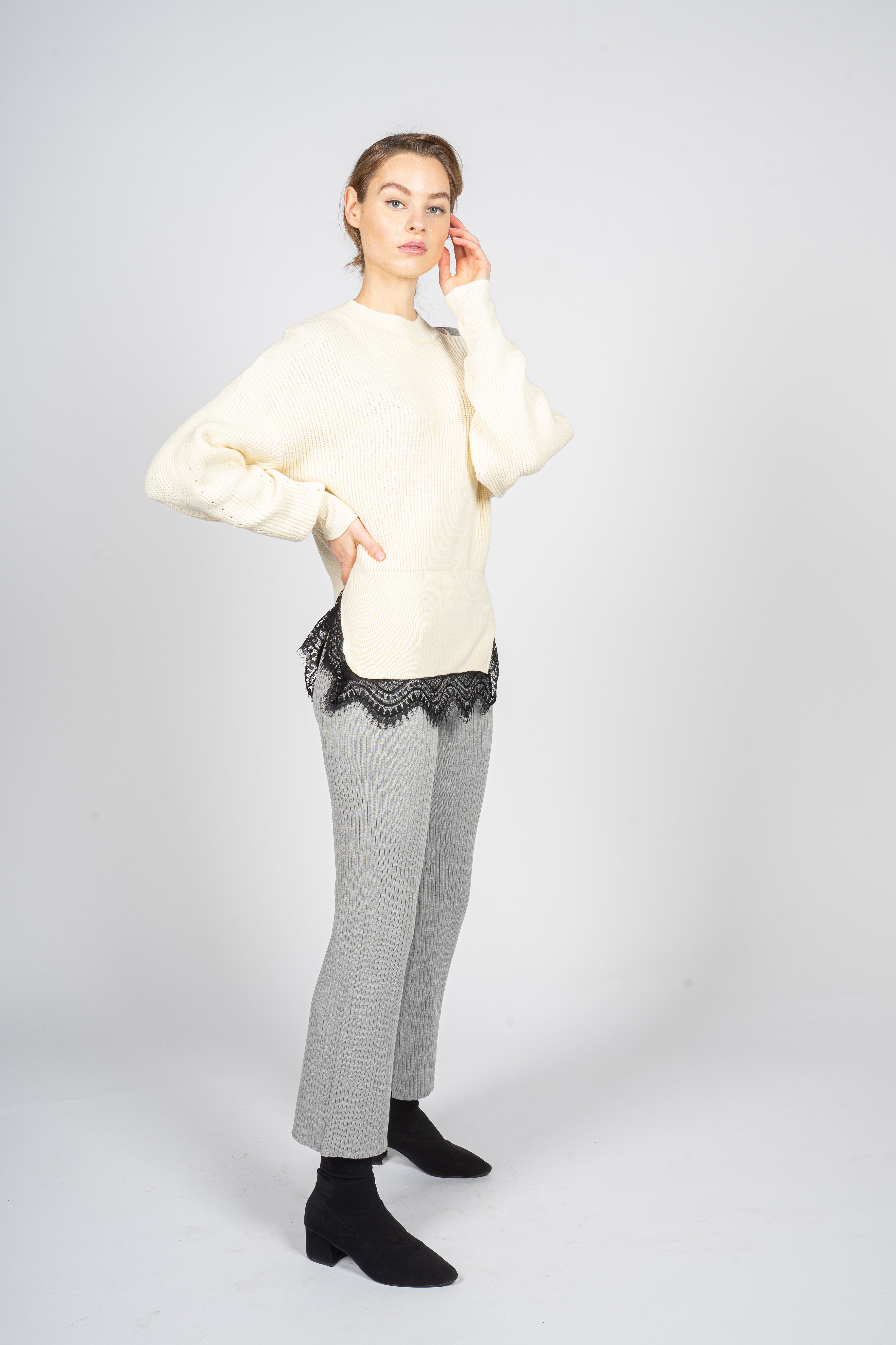 Knitted Sweater with Lace hem