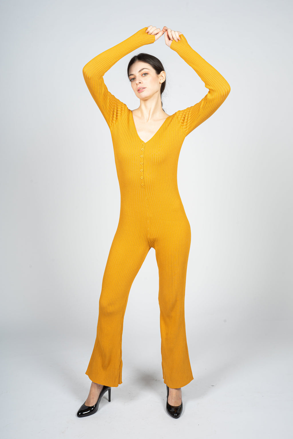 Mustard Knitted Jumpsuit with Front Button Opening