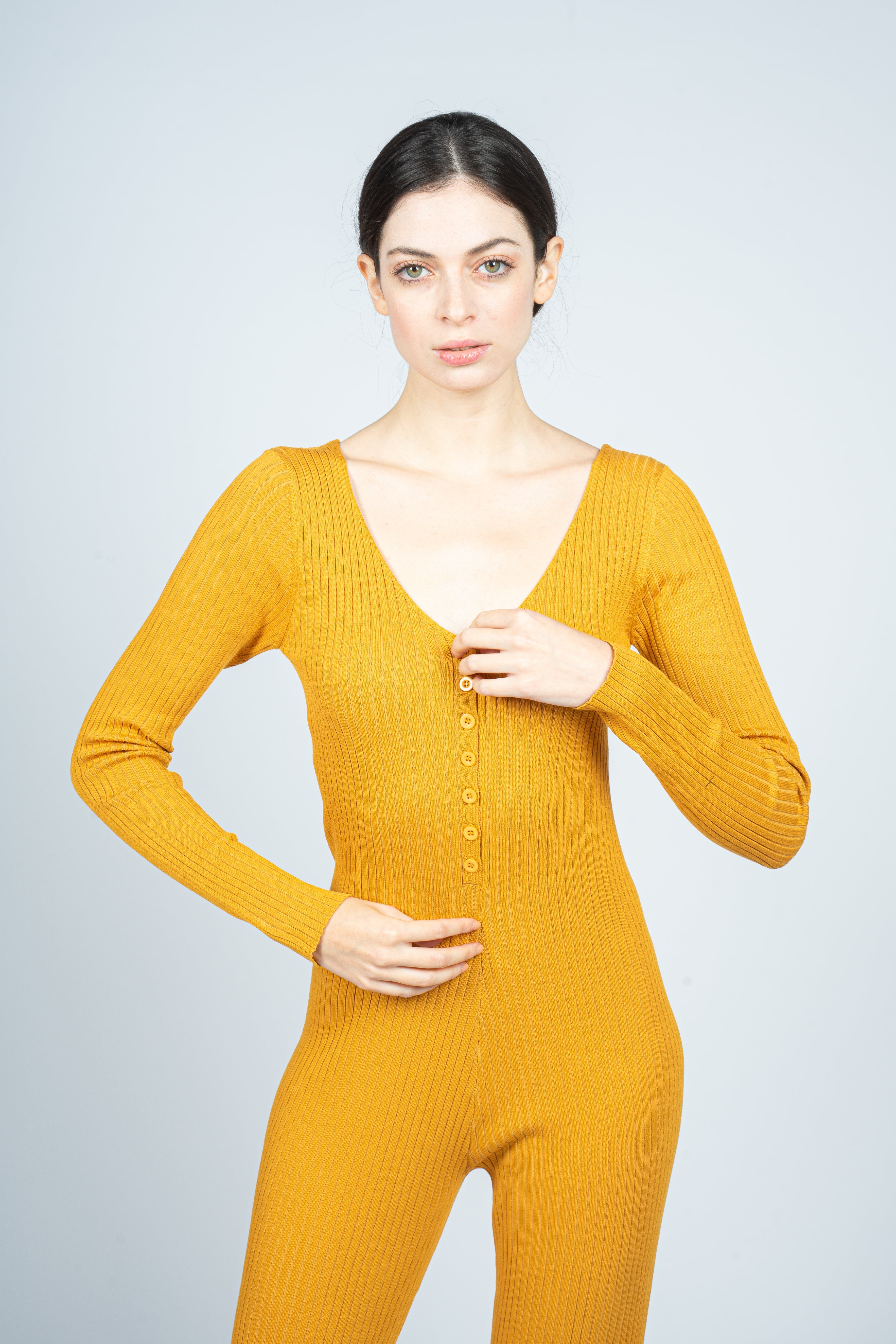 Mustard Knitted Jumpsuit with Front Button Opening