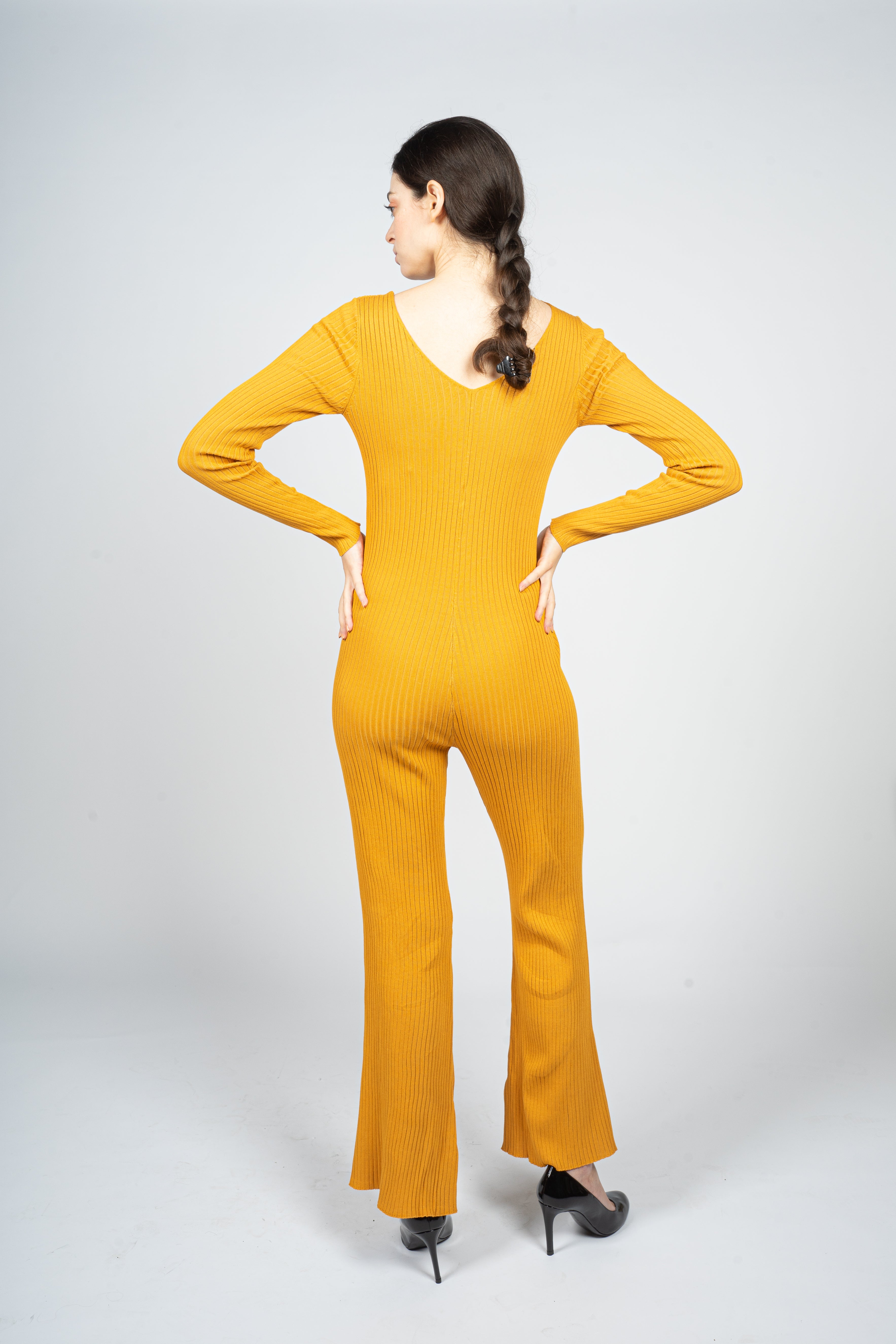 Mustard Knitted Jumpsuit with Front Button Opening
