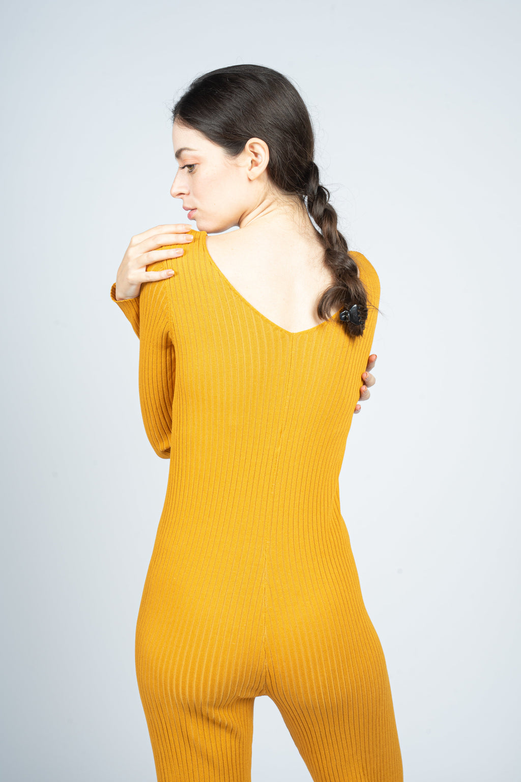 Mustard Knitted Jumpsuit with Front Button Opening