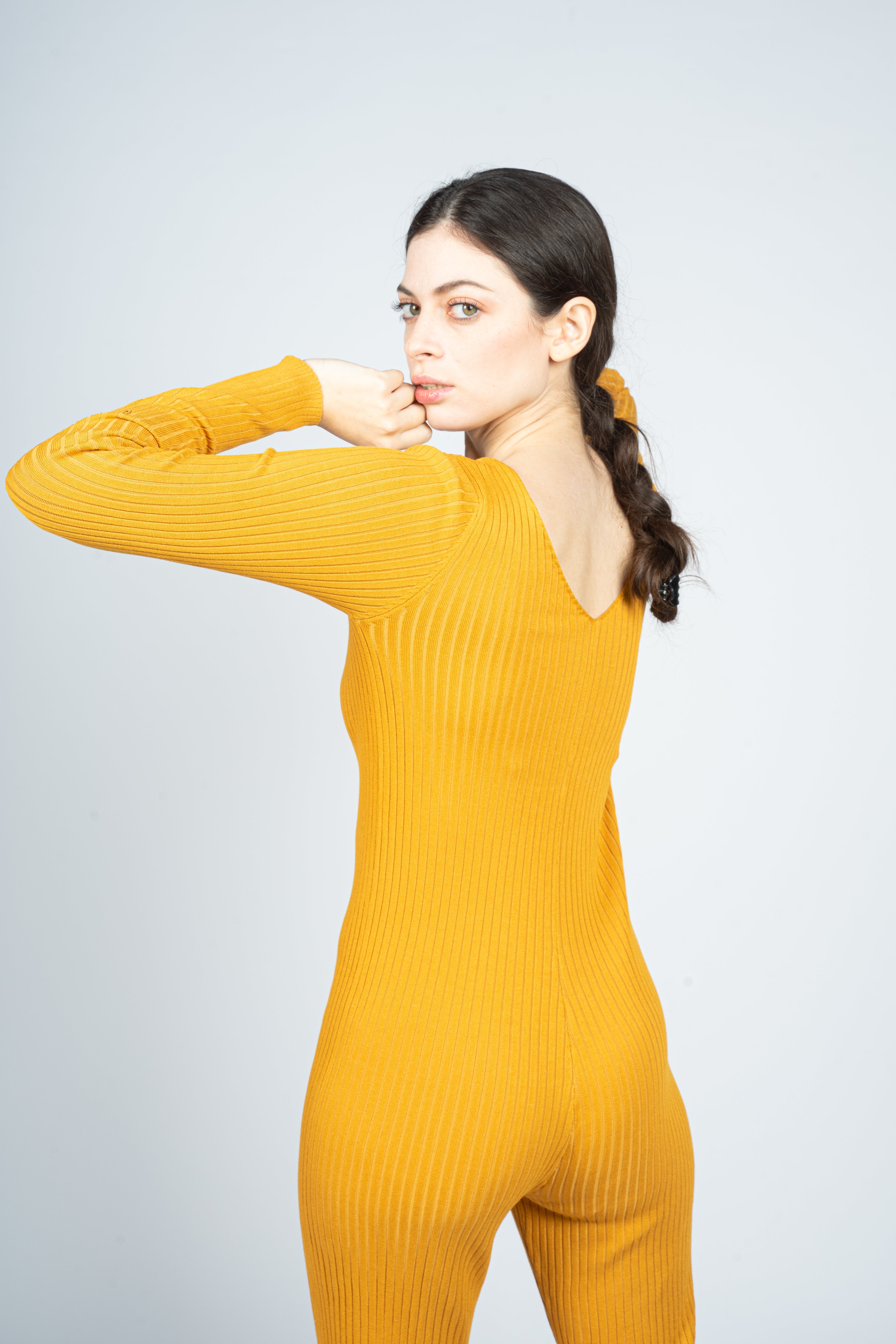 Mustard Knitted Jumpsuit with Front Button Opening