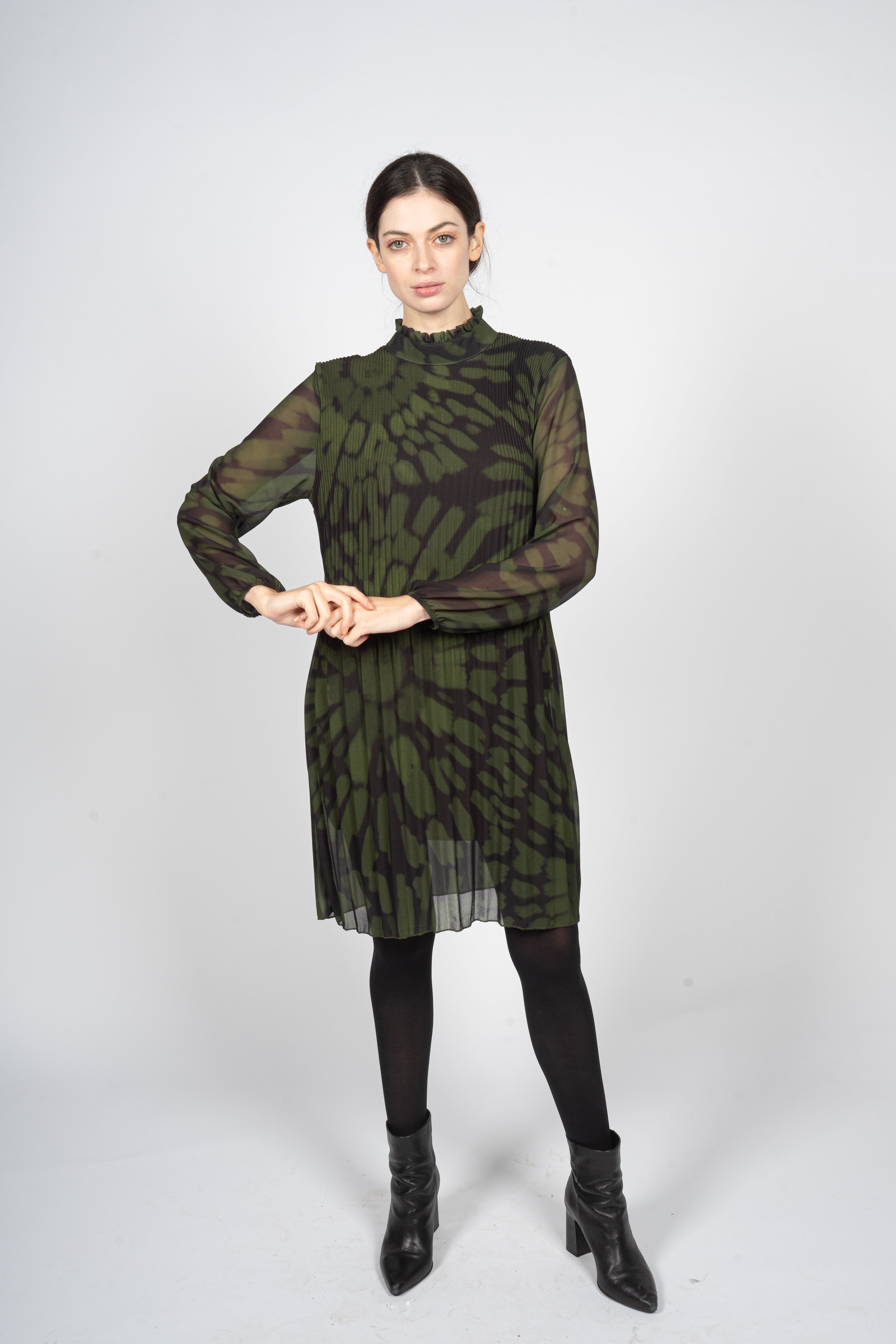 Pleated Midi Dress in Green Tie-Dye Print
