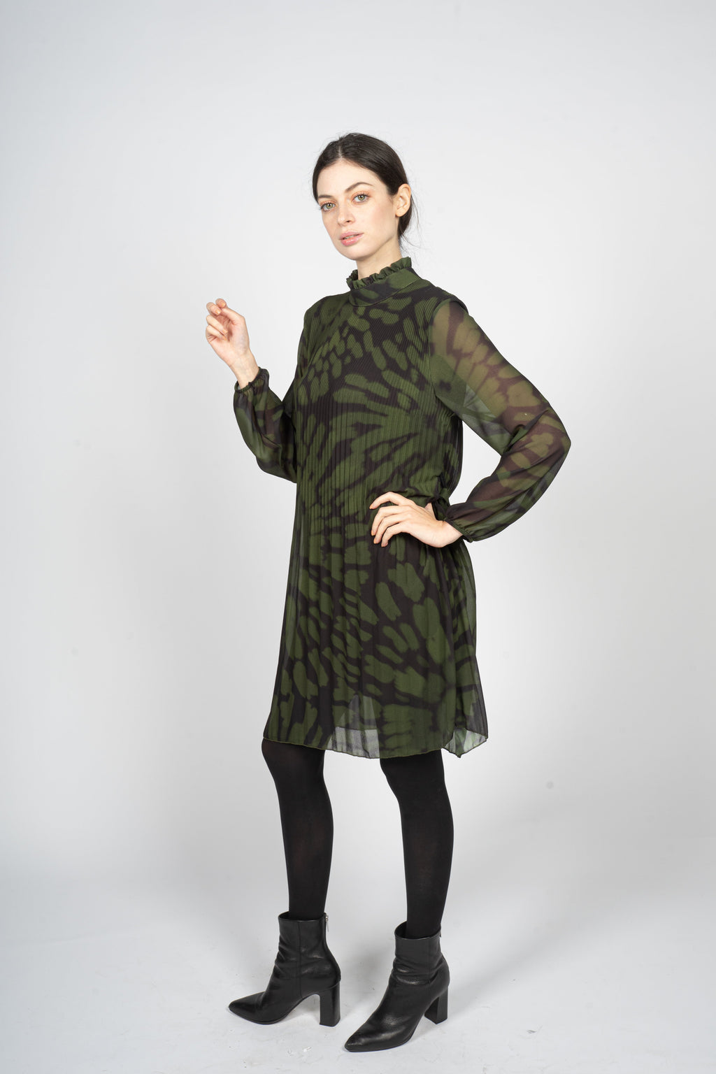 Pleated Midi Dress in Green Tie-Dye Print