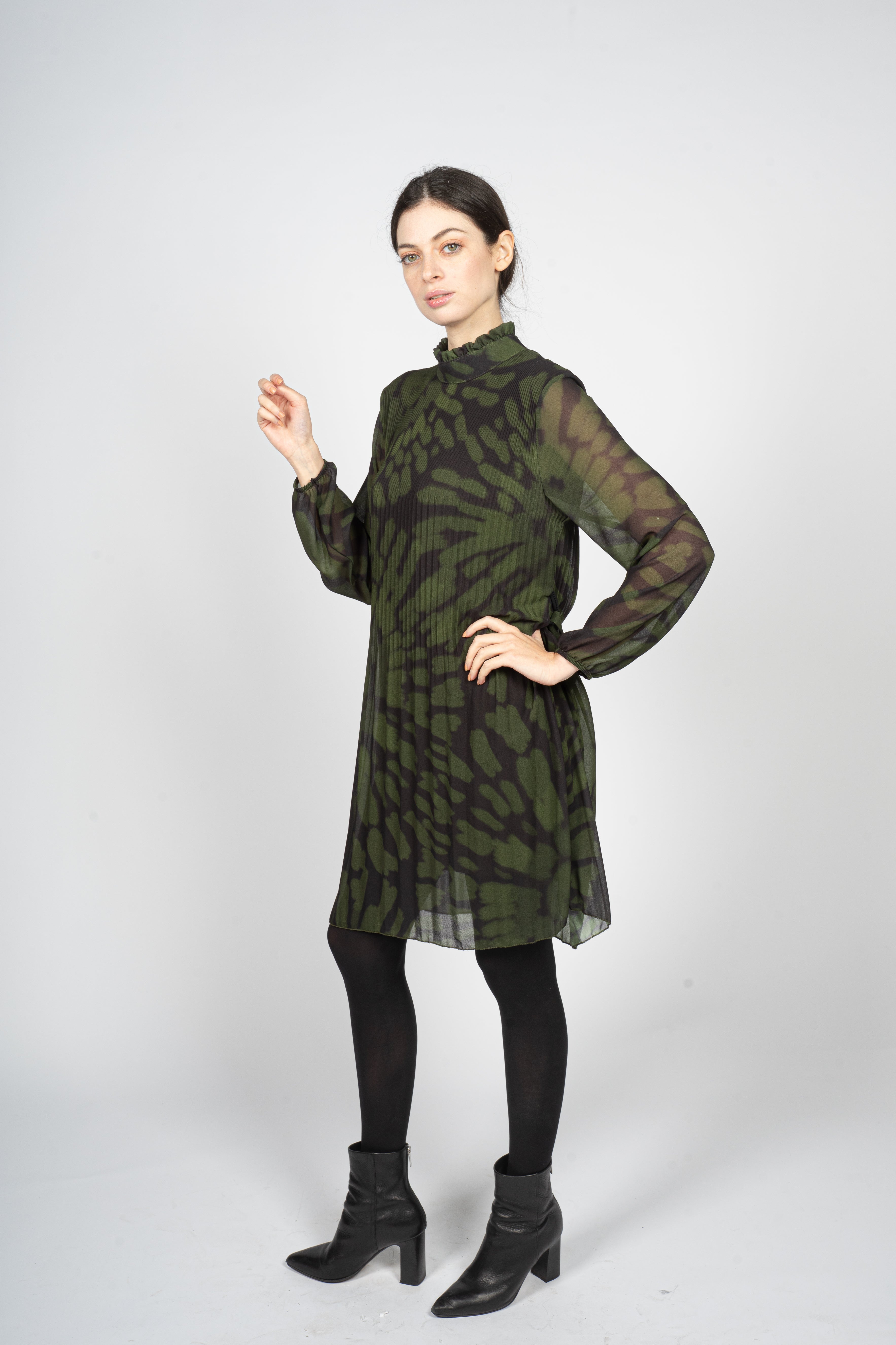 Pleated Midi Dress in Green Tie-Dye Print