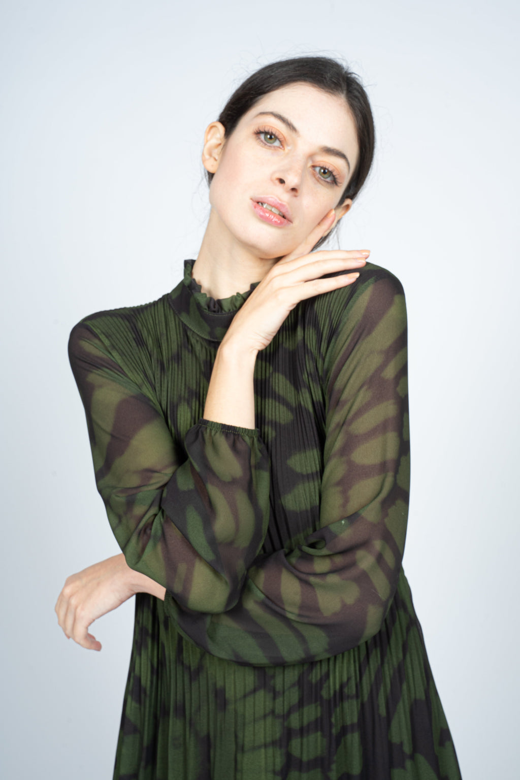 Pleated Midi Dress in Green Tie-Dye Print