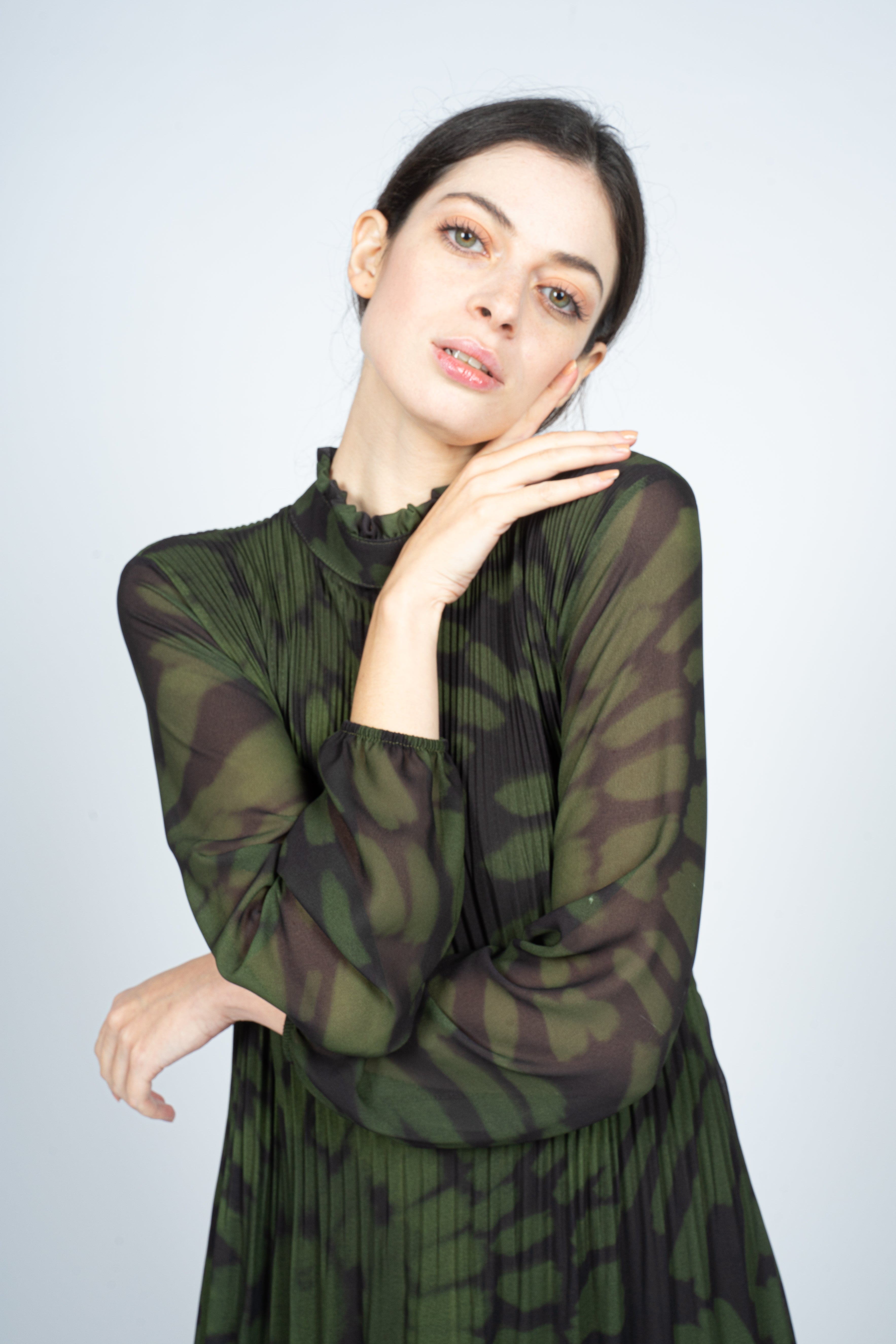 Pleated Midi Dress in Green Tie-Dye Print