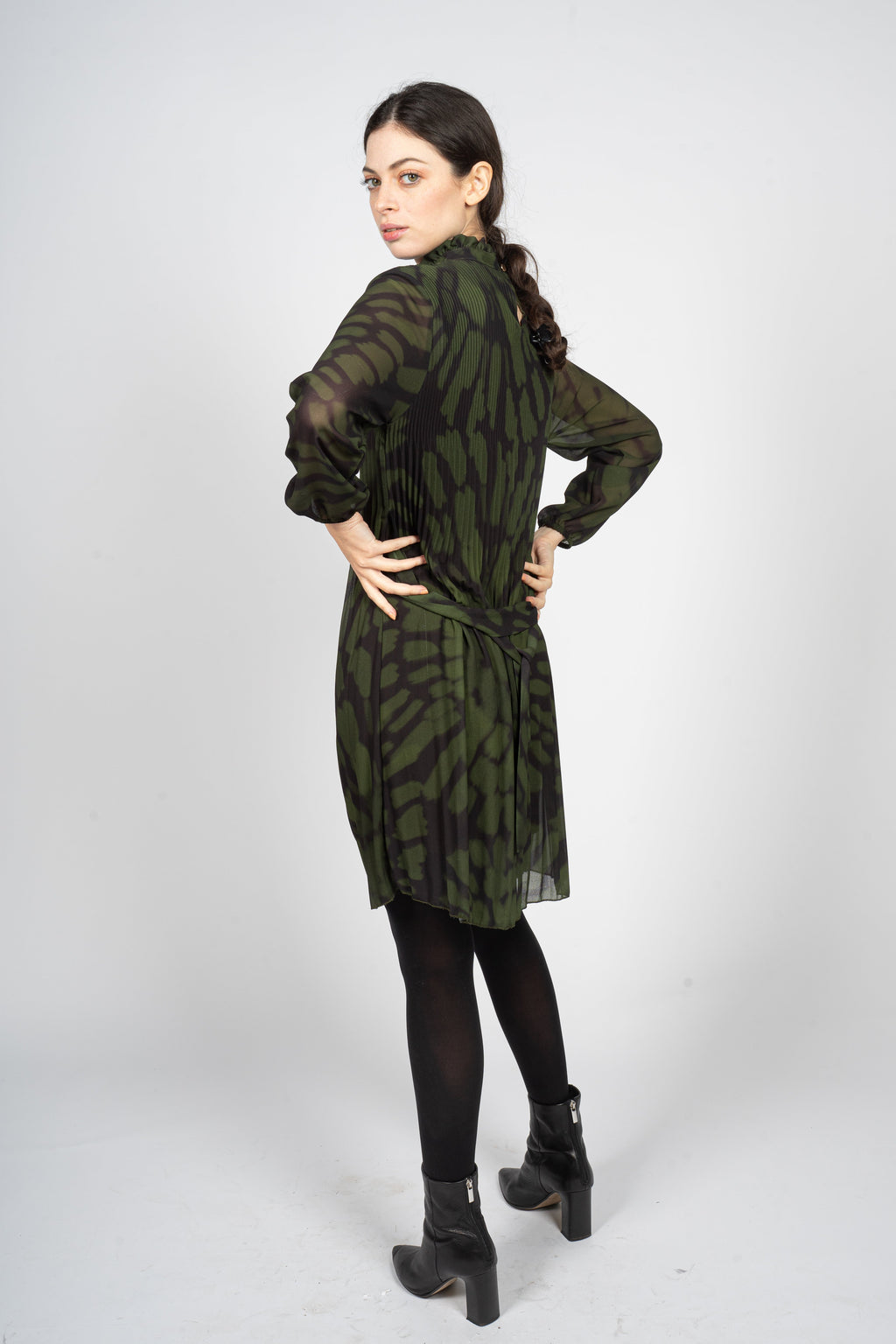 Pleated Midi Dress in Green Tie-Dye Print