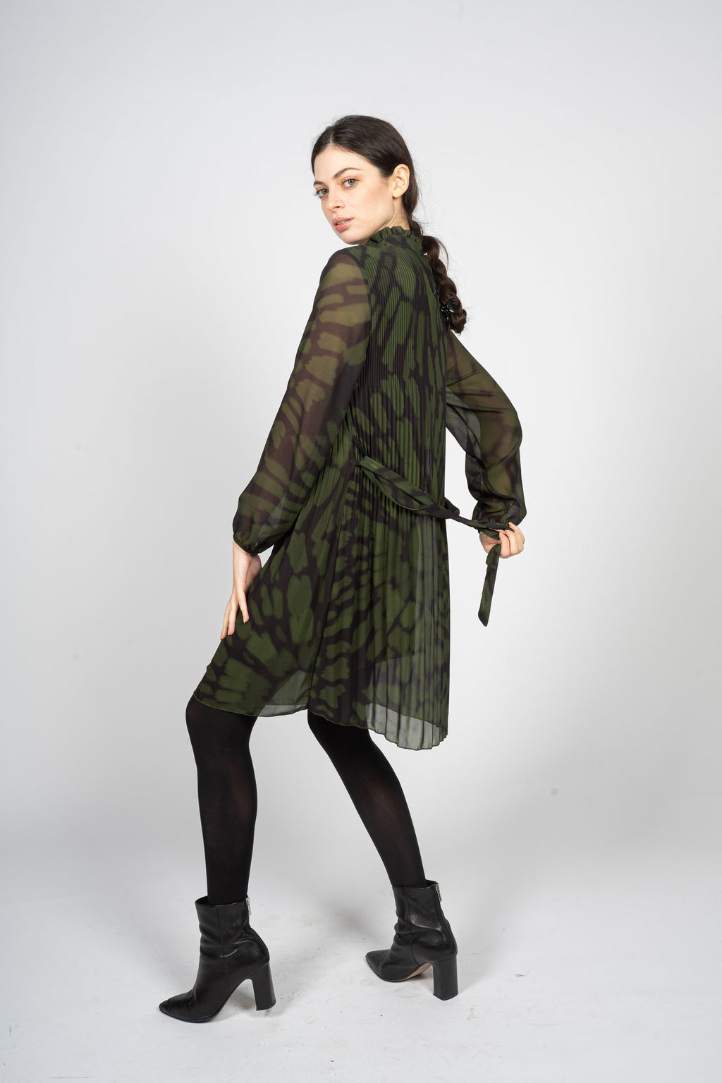 Pleated Midi Dress in Green Tie-Dye Print