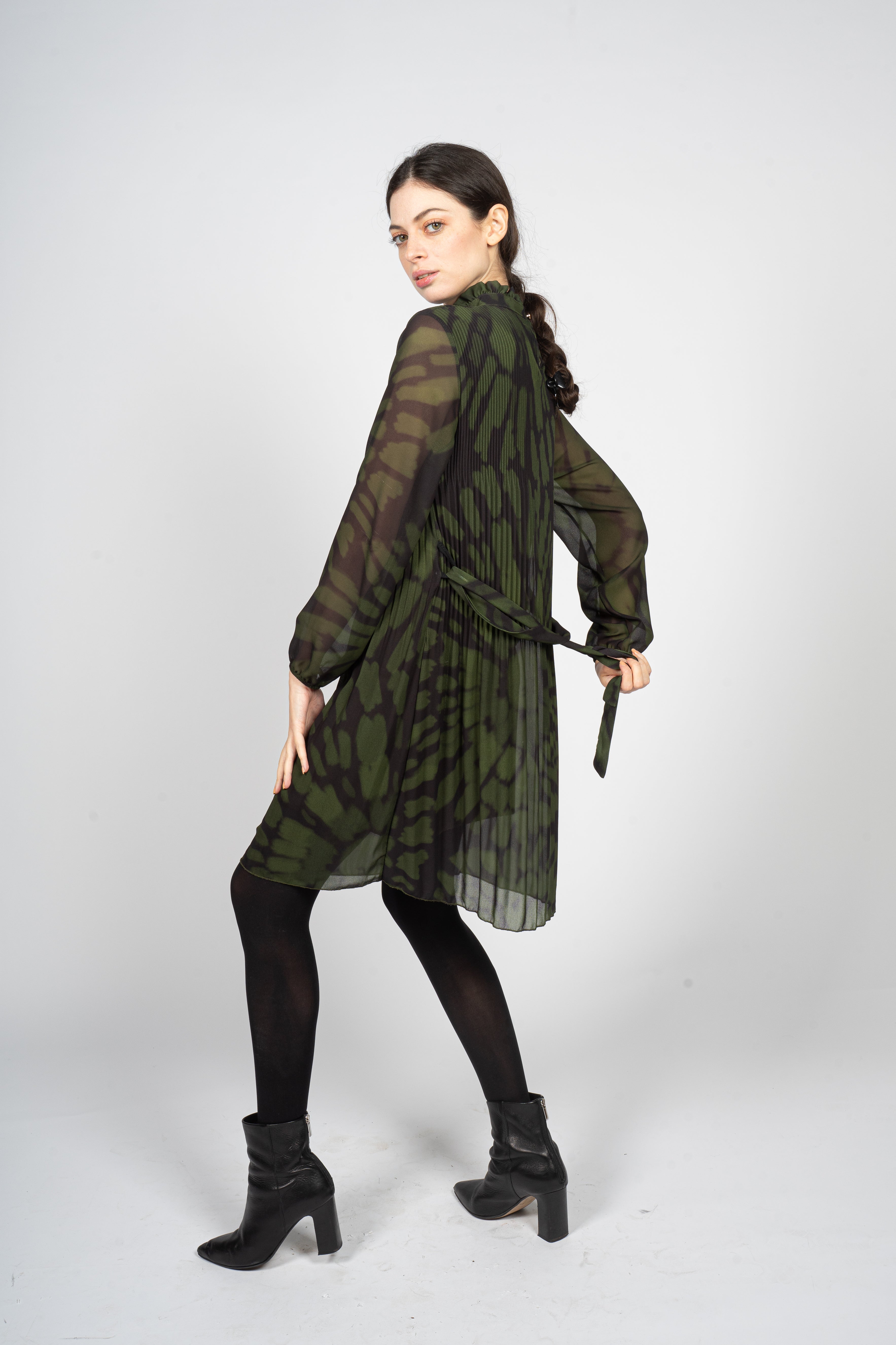 Pleated Midi Dress in Green Tie-Dye Print
