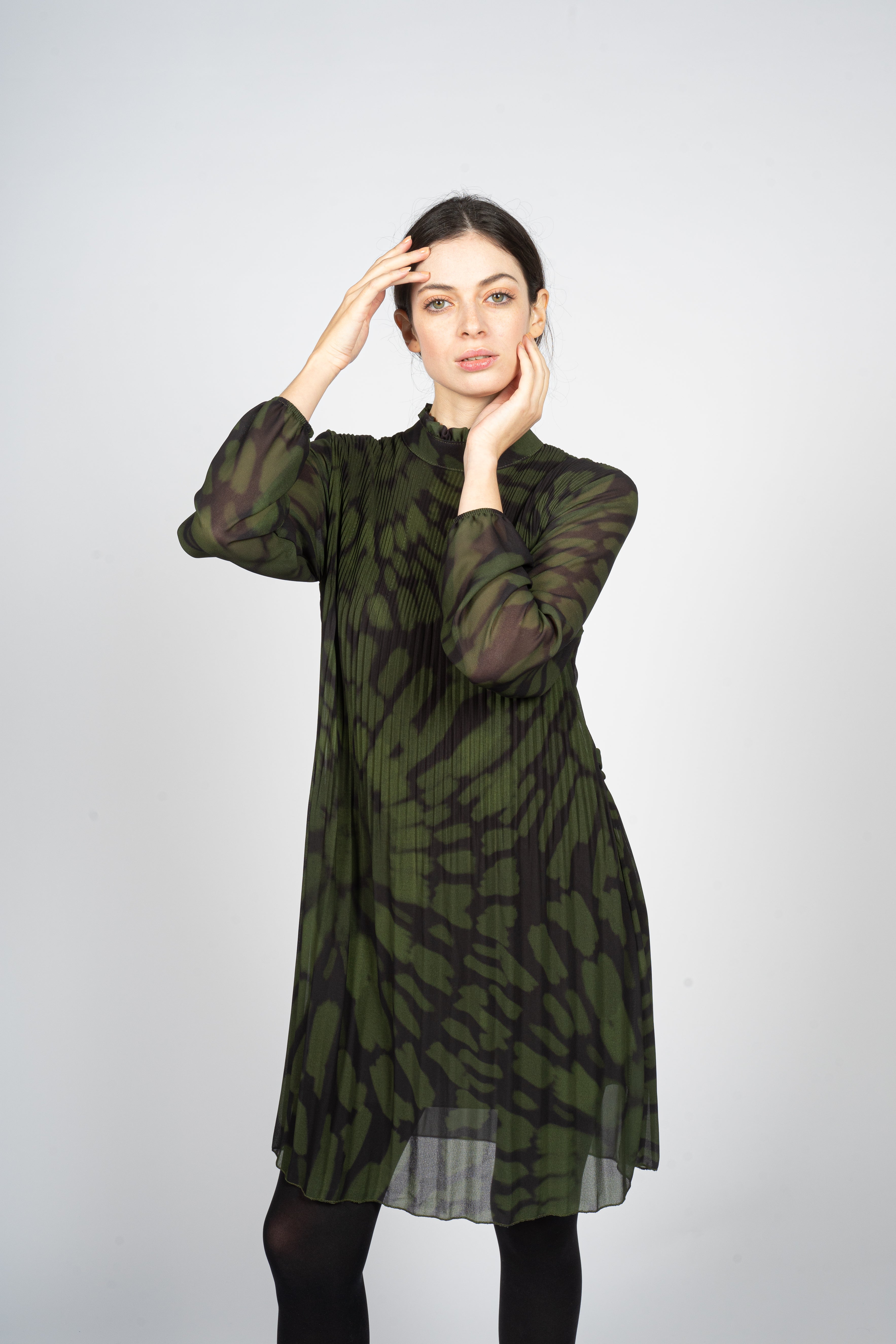 Pleated Midi Dress in Green Tie-Dye Print