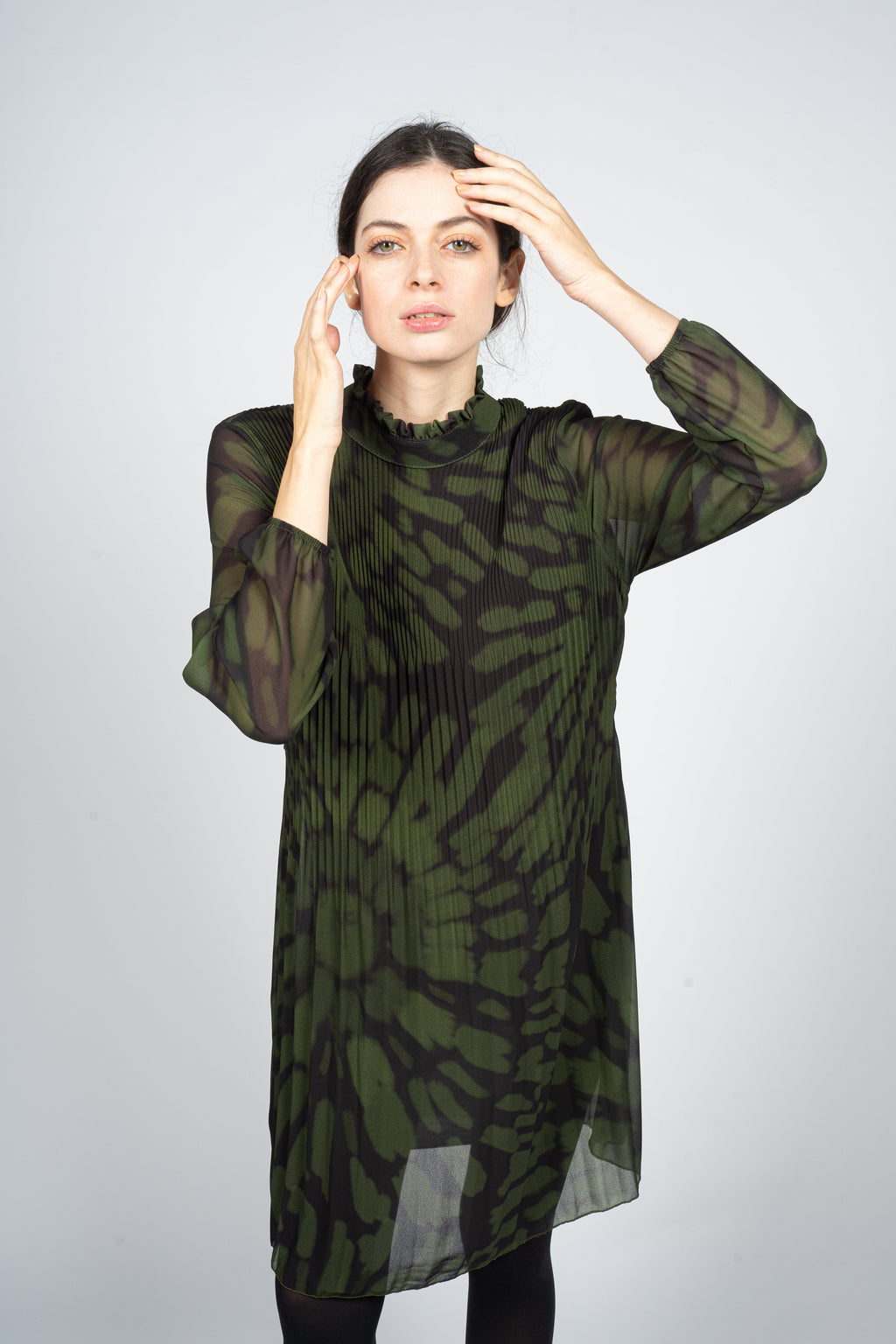 Pleated Midi Dress in Green Tie-Dye Print