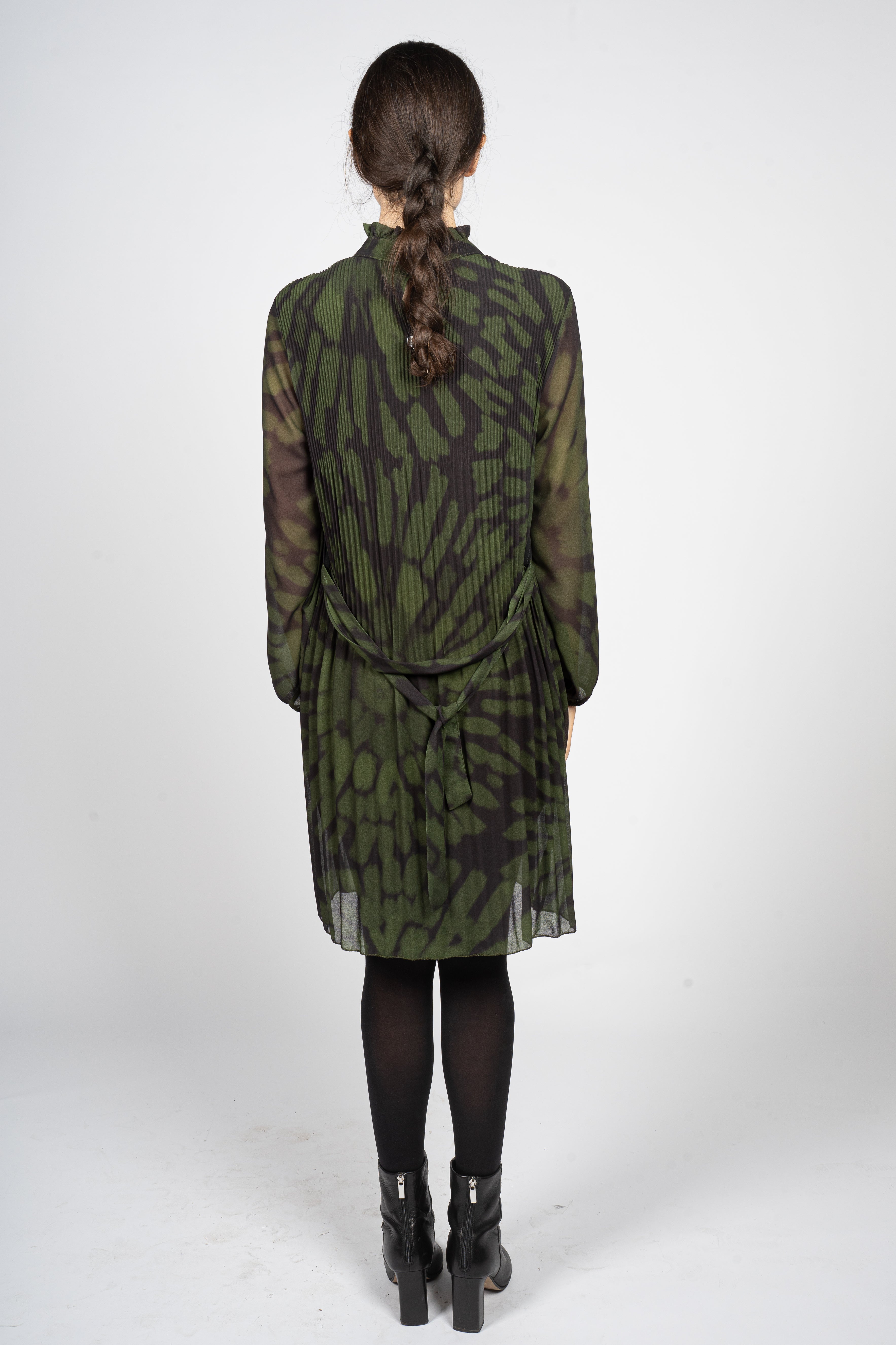 Pleated Midi Dress in Green Tie-Dye Print