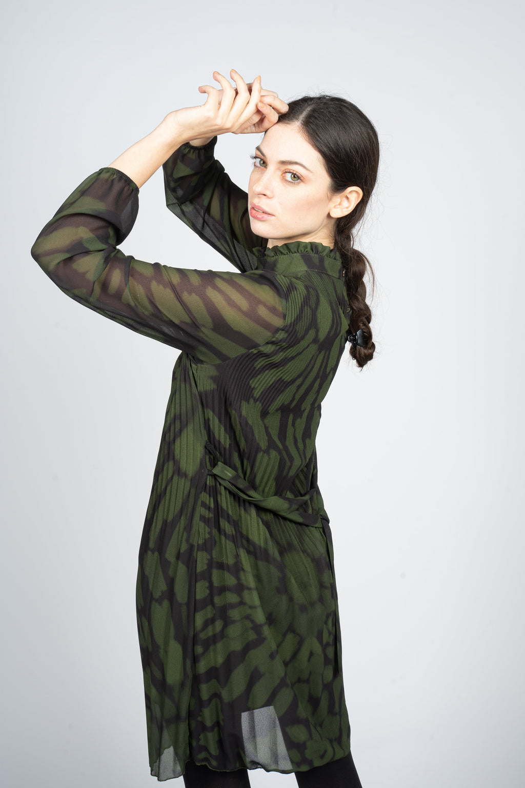 Pleated Midi Dress in Green Tie-Dye Print
