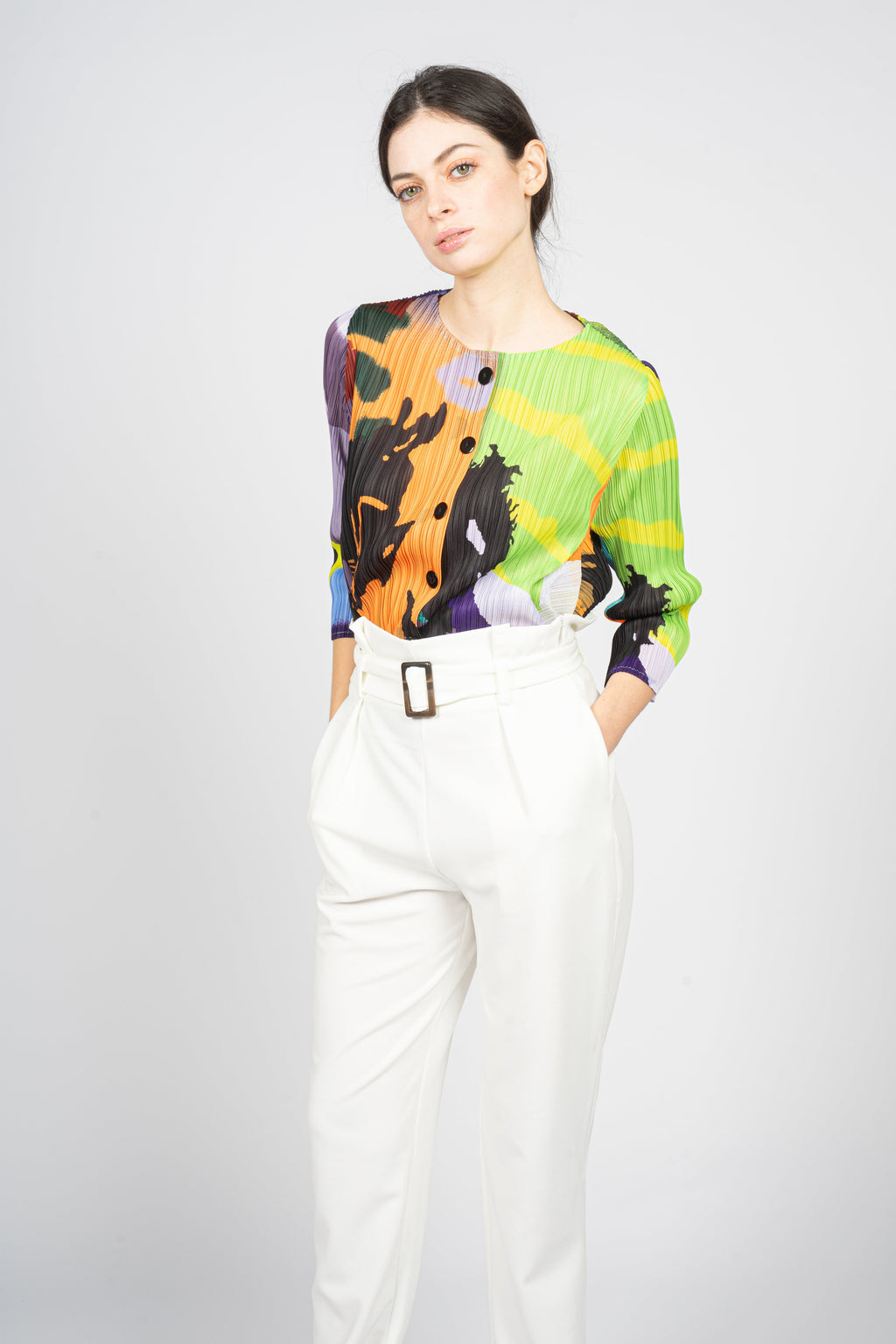 Pleated Cropped Top in Abstract Overall Print