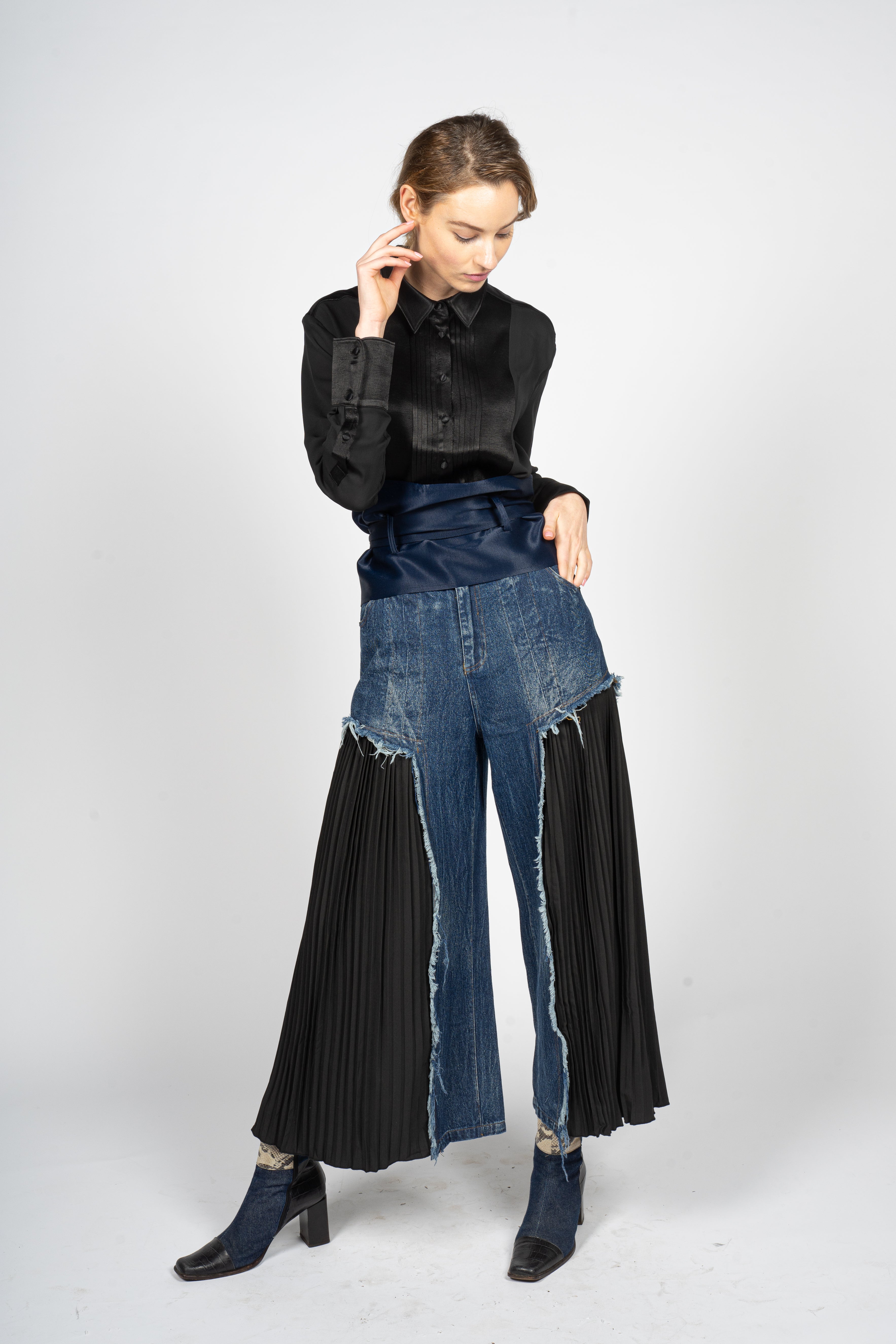 Fitted Denim Trousers with Pleated Cotton Panels