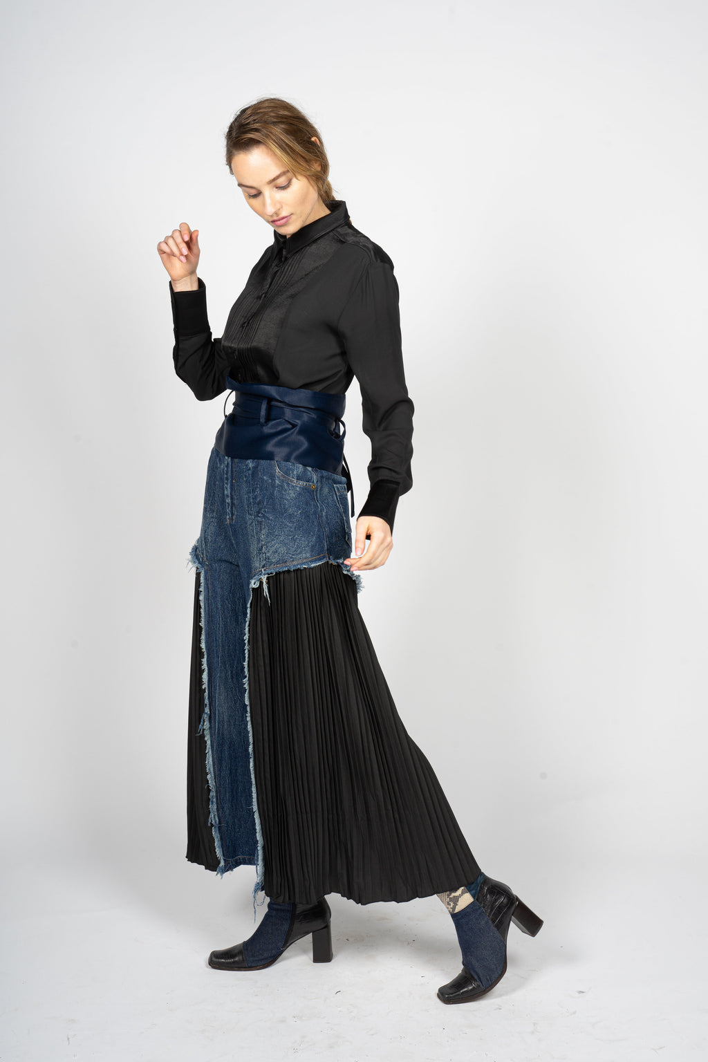 Fitted Denim Trousers with Pleated Cotton Panels