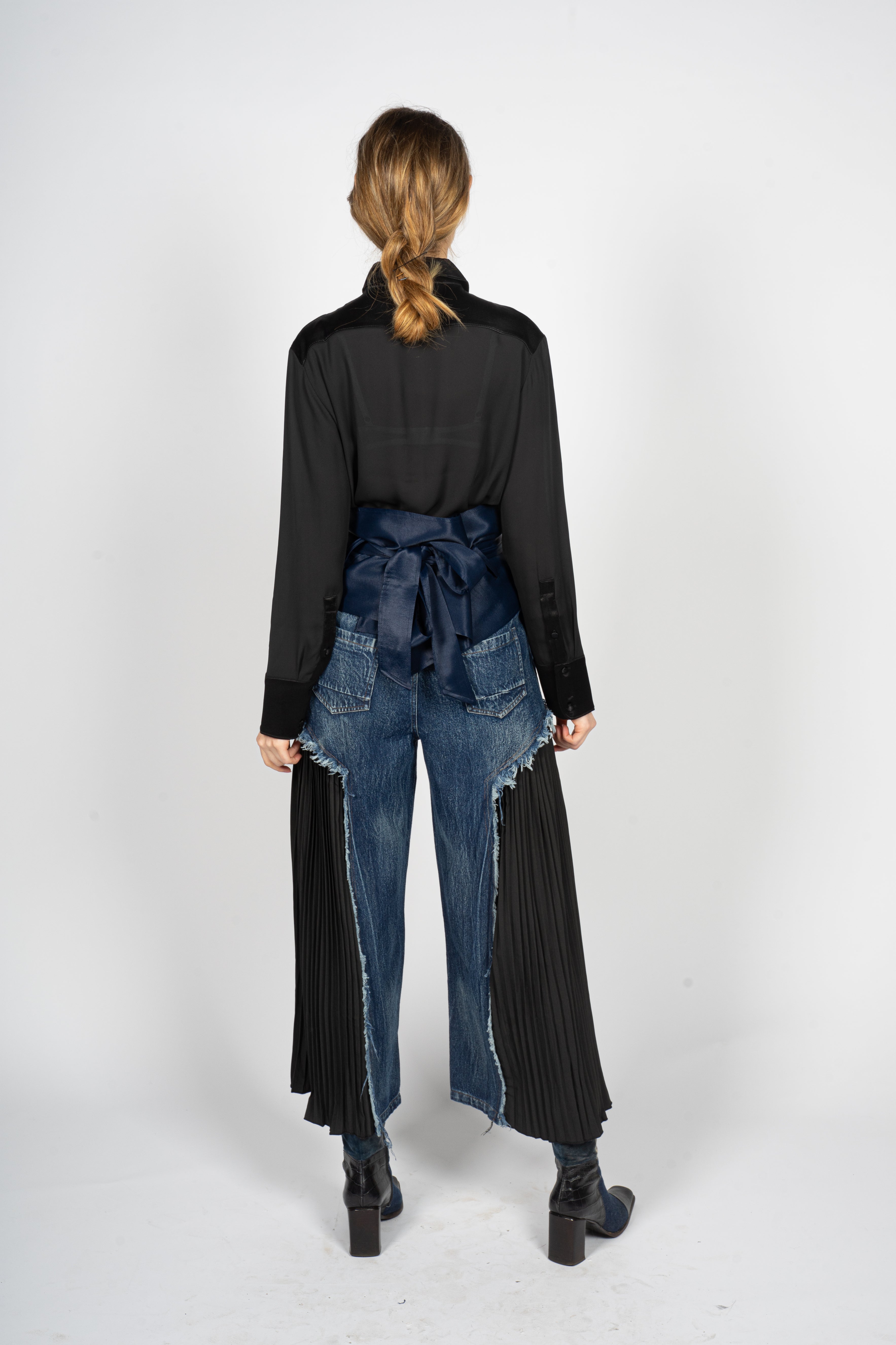 Fitted Denim Trousers with Pleated Cotton Panels