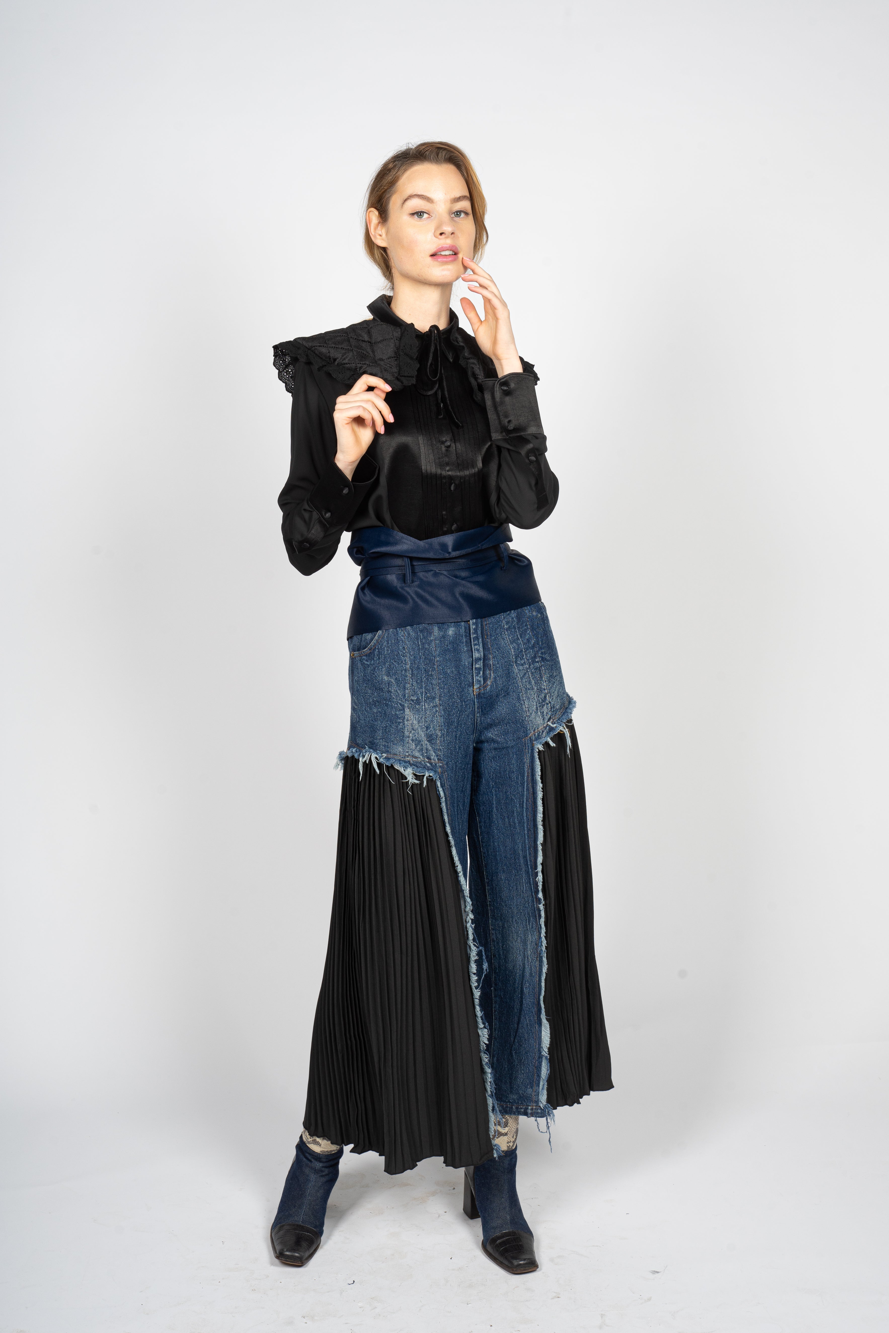 Black Quilted Shoulder Bib with English Eyelet Embroidery