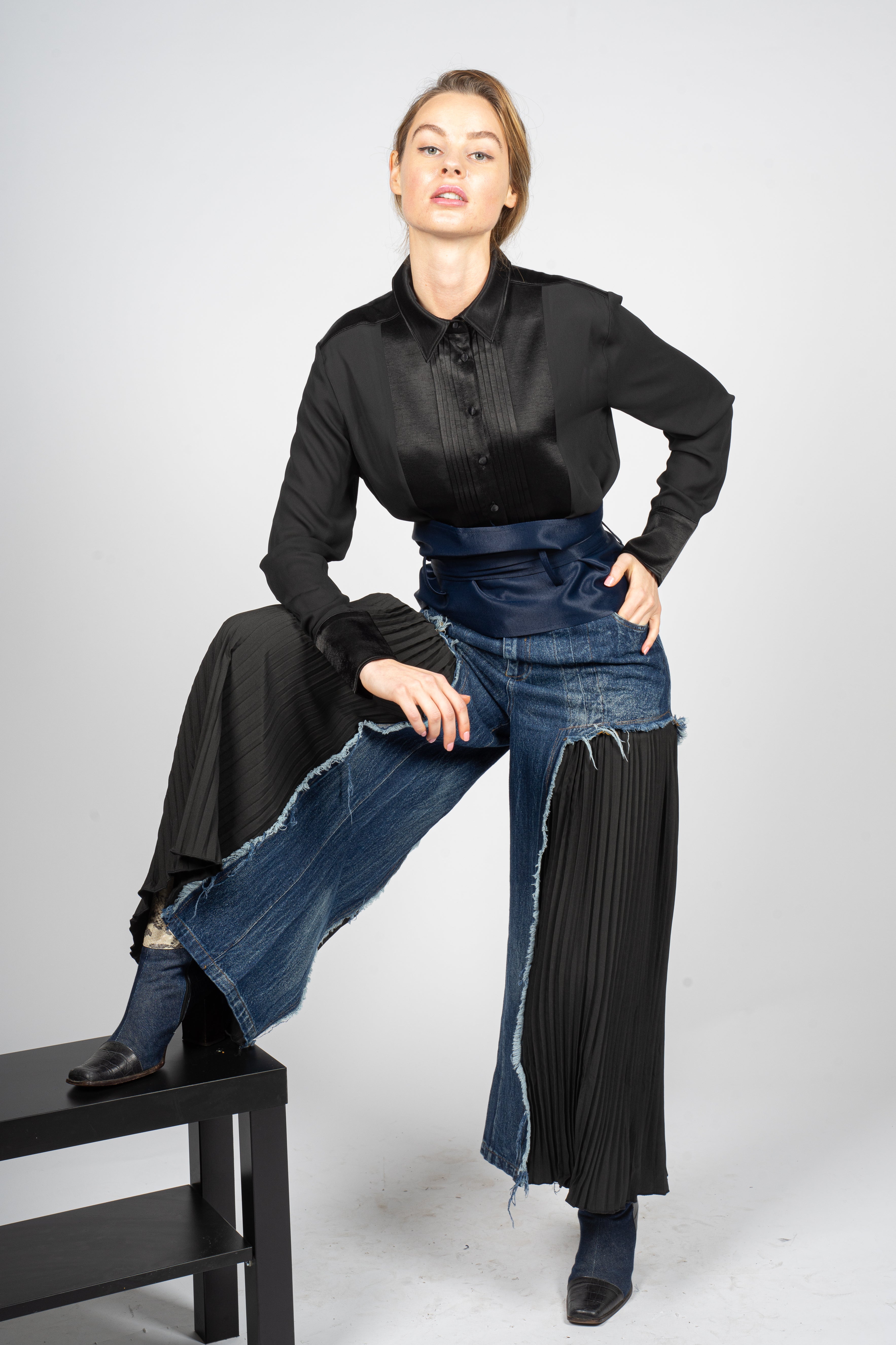 Fitted Denim Trousers with Pleated Cotton Panels