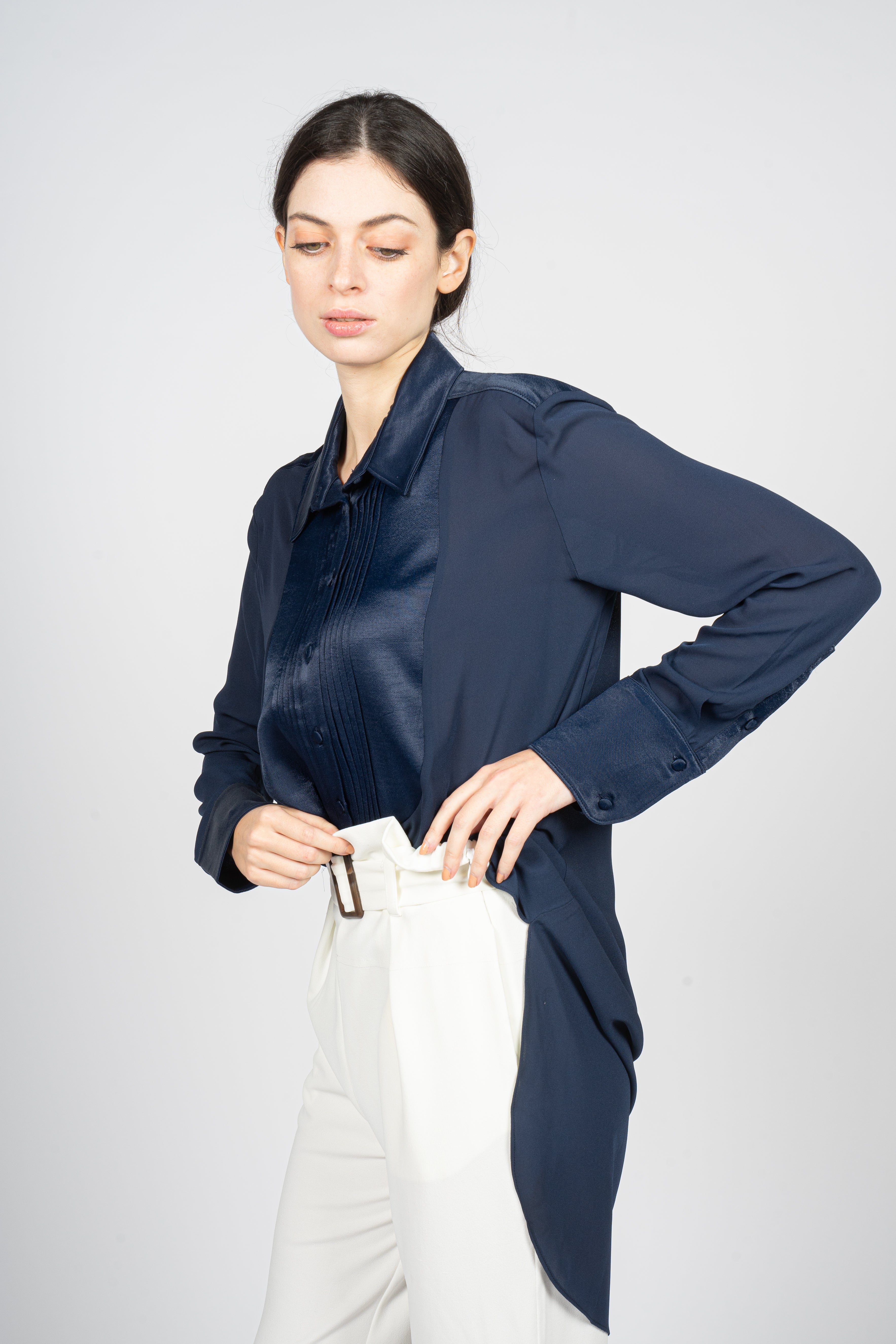 Blue Kaftan Shirt with Pleated Plastron