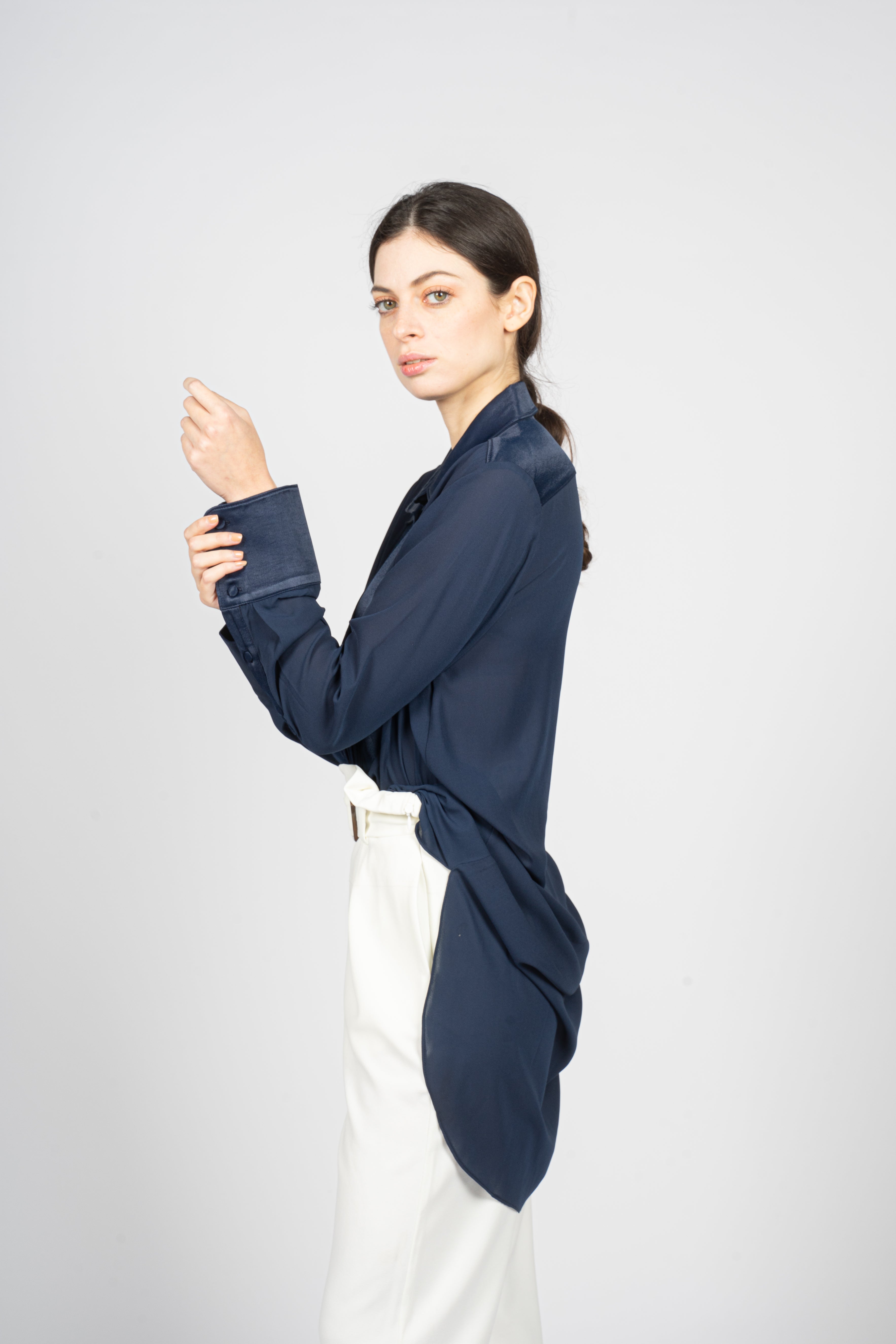 Blue Kaftan Shirt with Pleated Plastron