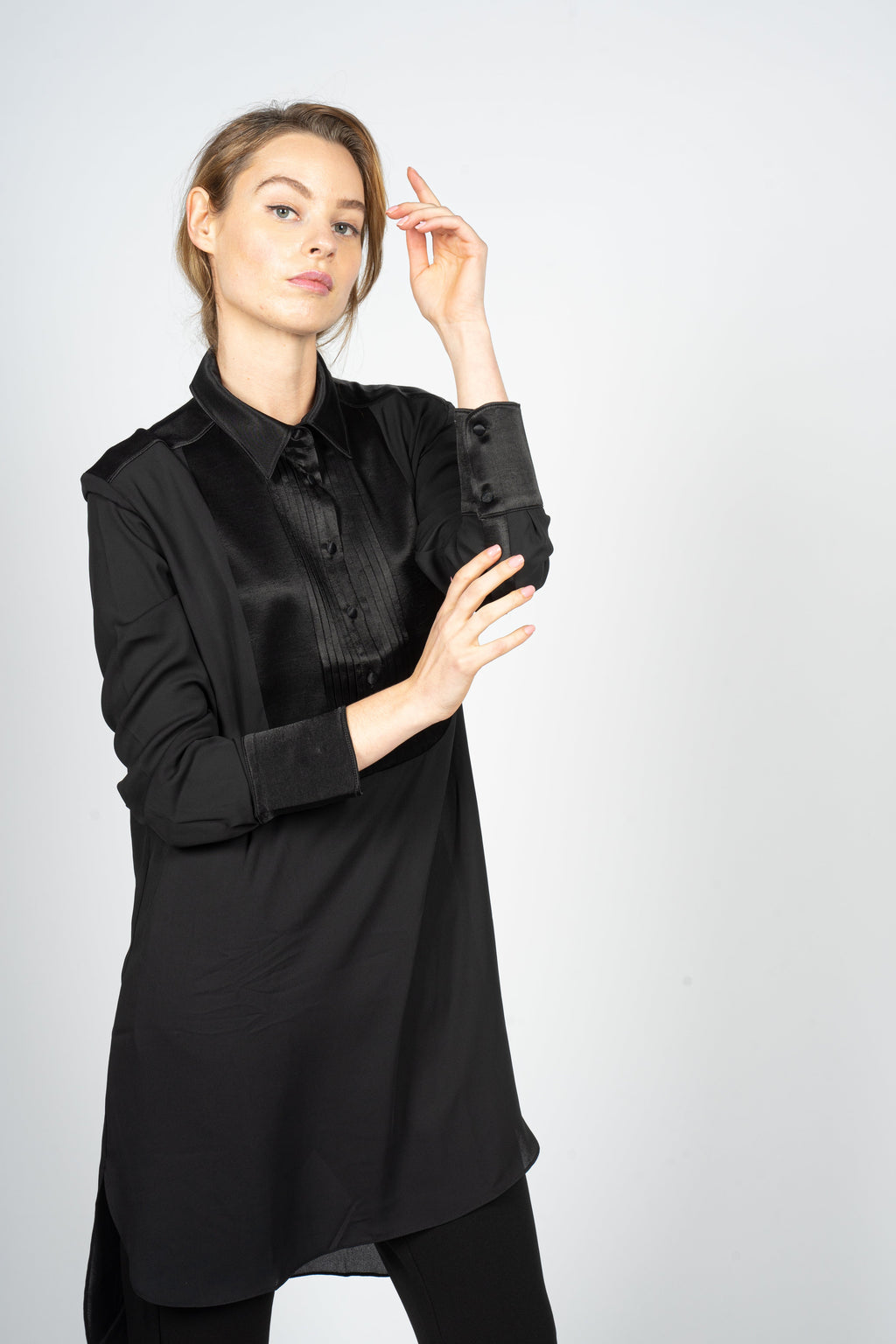 Black Kaftan Shirt Dress with Pleated Plastron