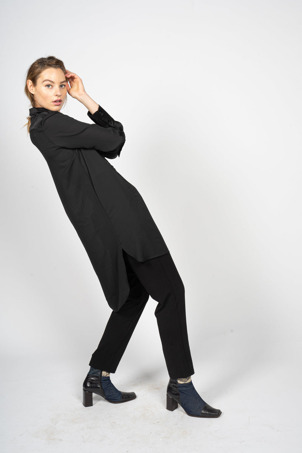 Black Kaftan Shirt Dress with Pleated Plastron