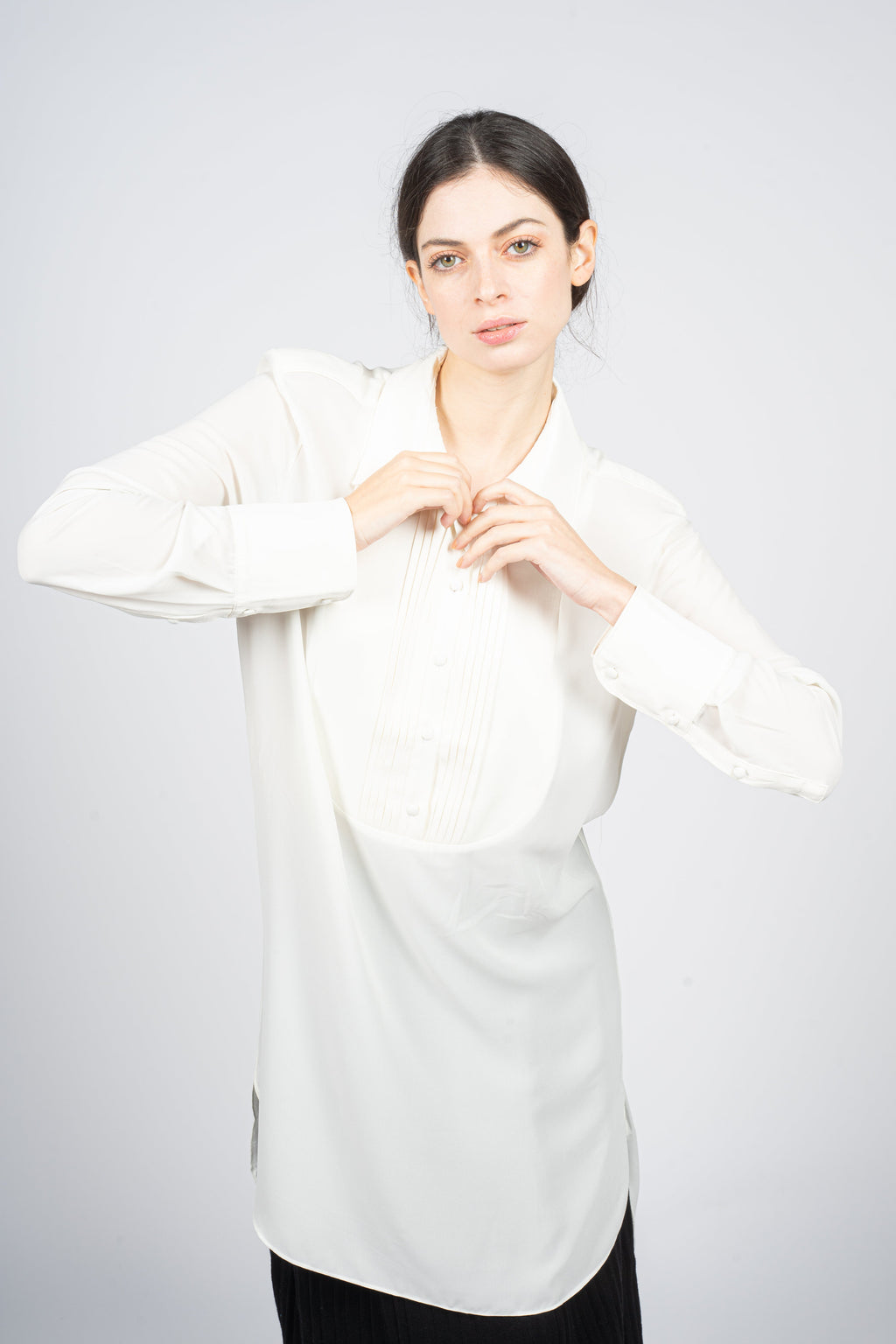 White Kaftan Shirt with Pleated Plastron