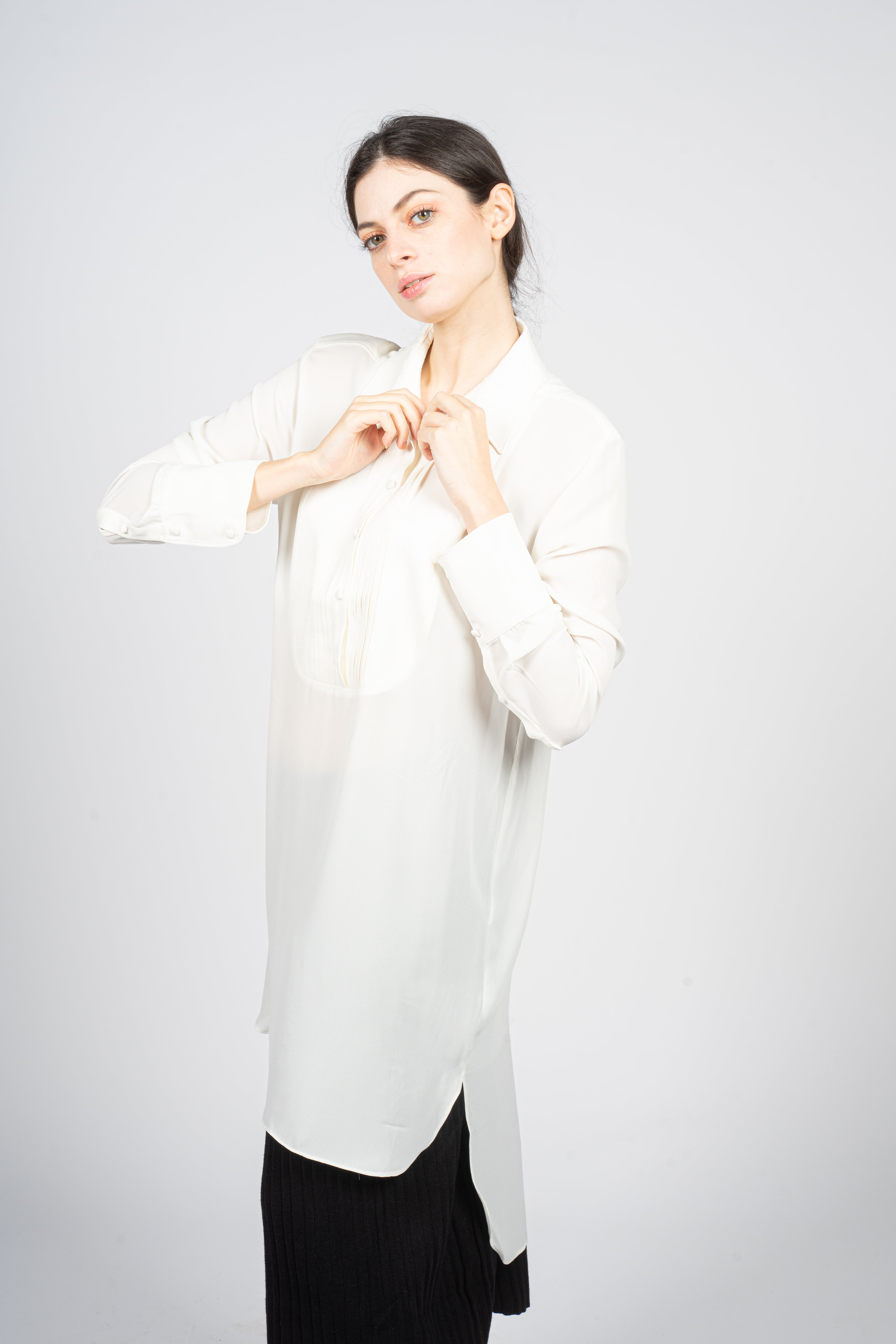 White Kaftan Shirt with Pleated Plastron