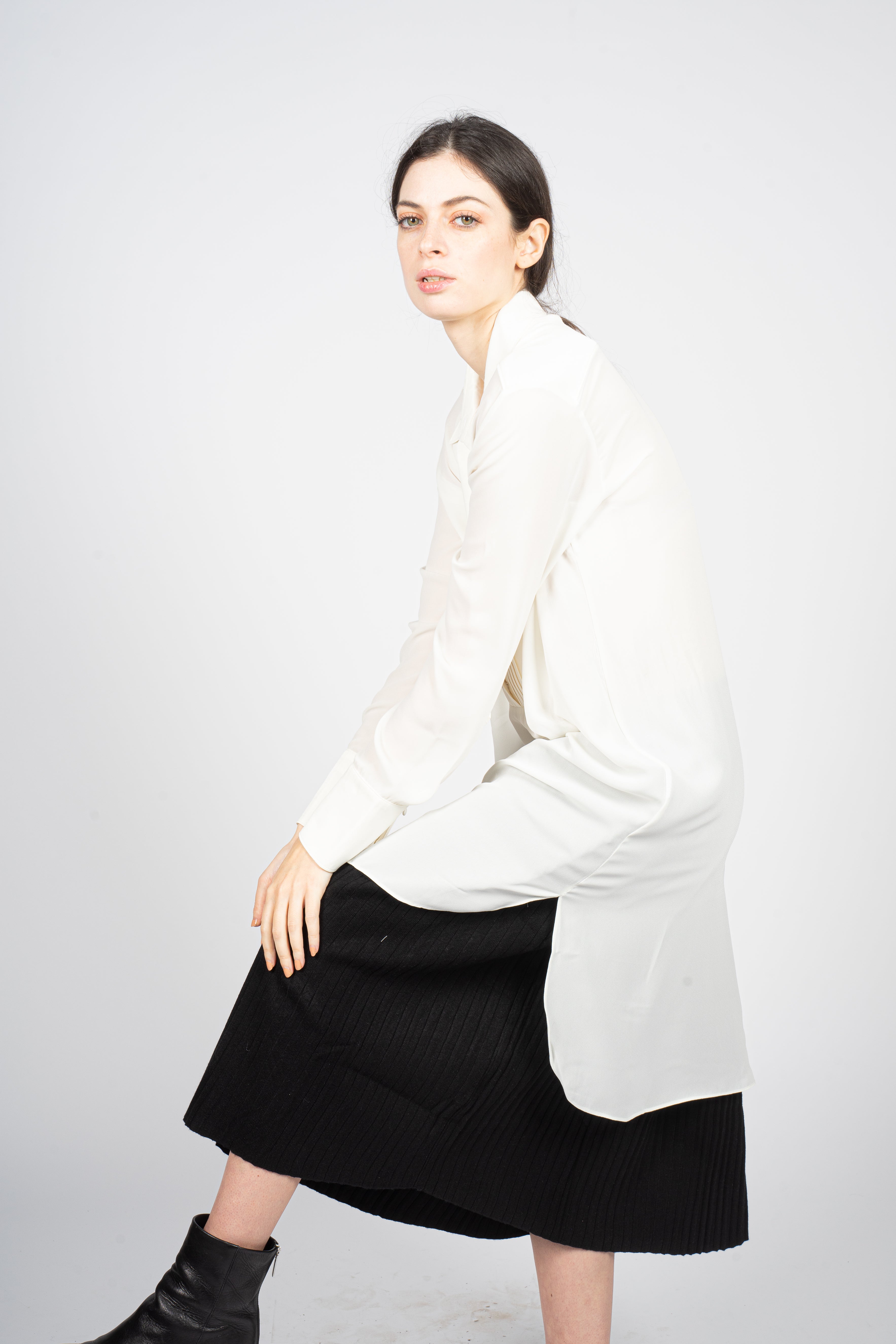 White Kaftan Shirt with Pleated Plastron